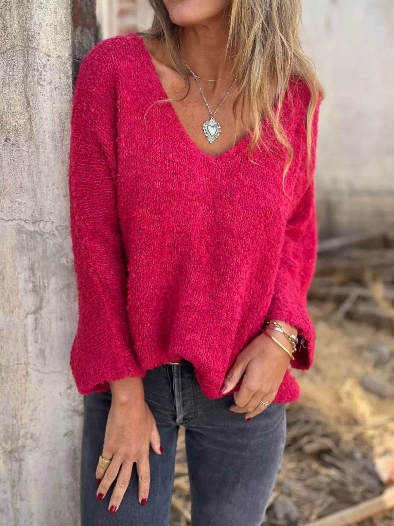 Full Size V-Neck Long Sleeve Sweater Plus Size - IntuitiveEncBoutique