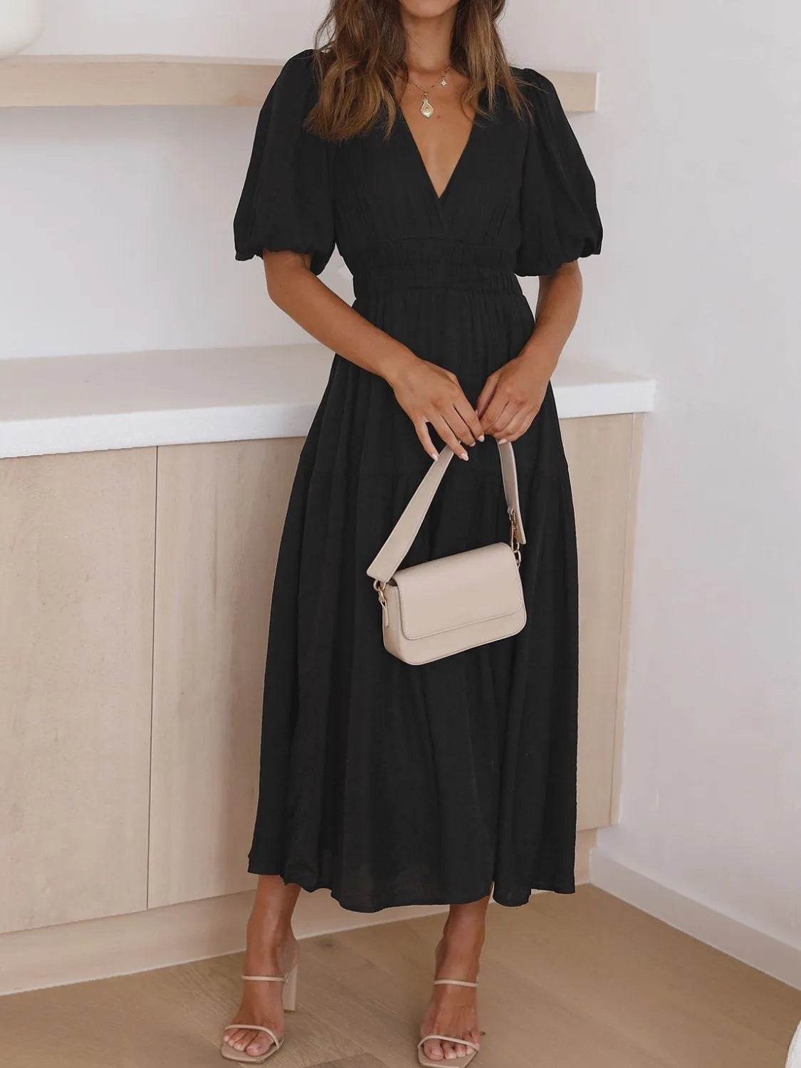 V-Neck Puff Sleeve Midi Dress - IntuitiveEncBoutique