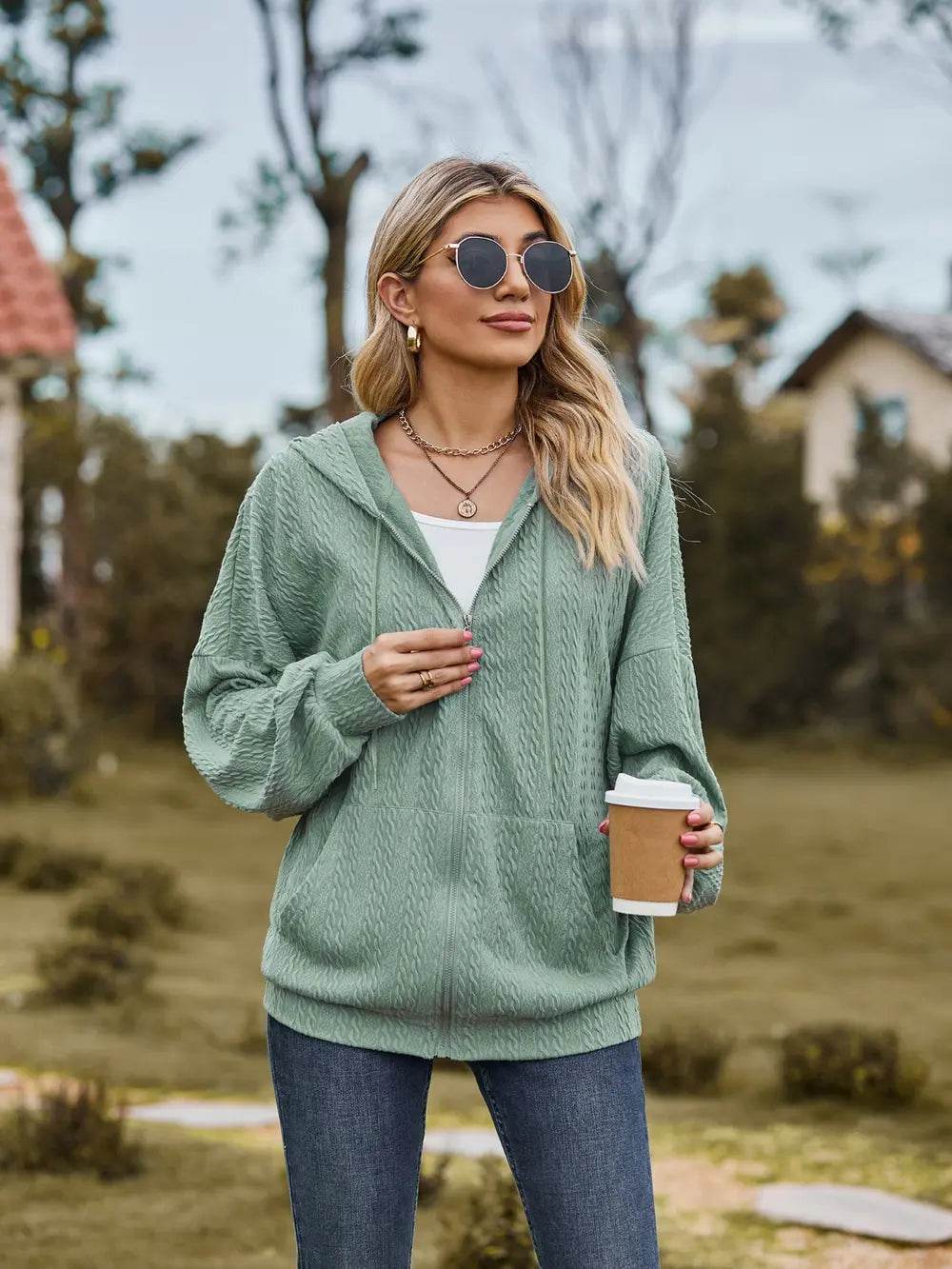 Zip Up Drawstring Long Sleeve Hooded Jacket - IntuitiveEncBoutique