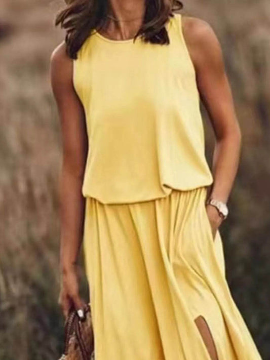 Full Size Round Neck Sleeveless Slit Maxi Dress Plus Size - IntuitiveEncBoutique