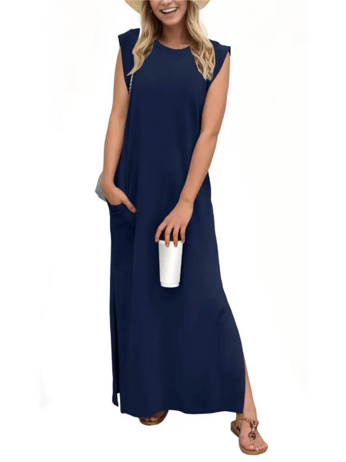 Full Size Slit Round Neck Sleeveless Maxi Tank Dress Plus Size - IntuitiveEncBoutique