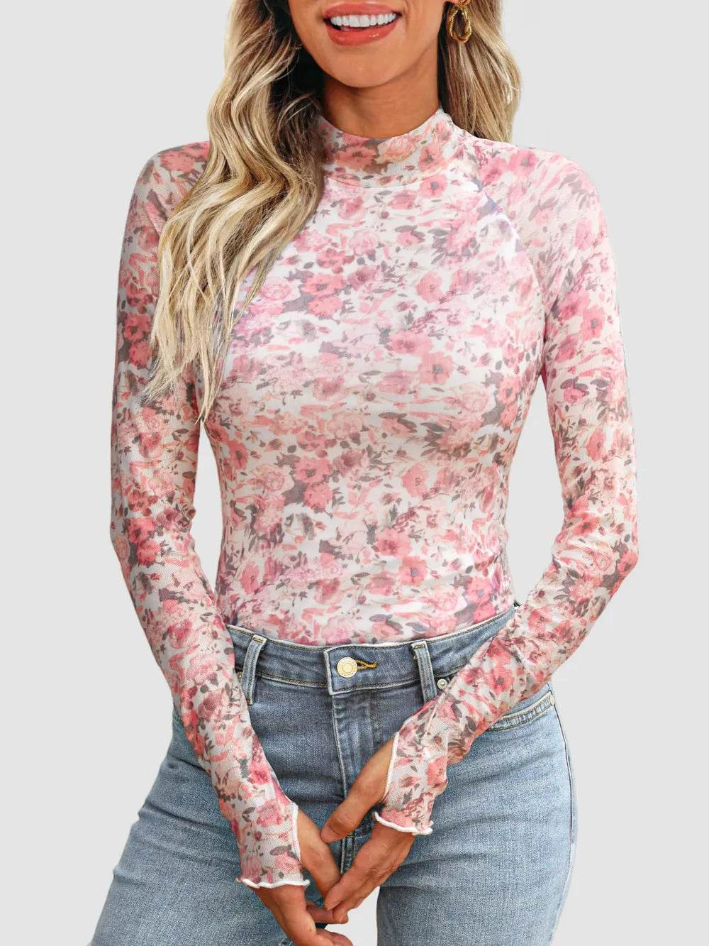 Floral Mock Neck Long Sleeve T-Shirt - IntuitiveEncBoutique