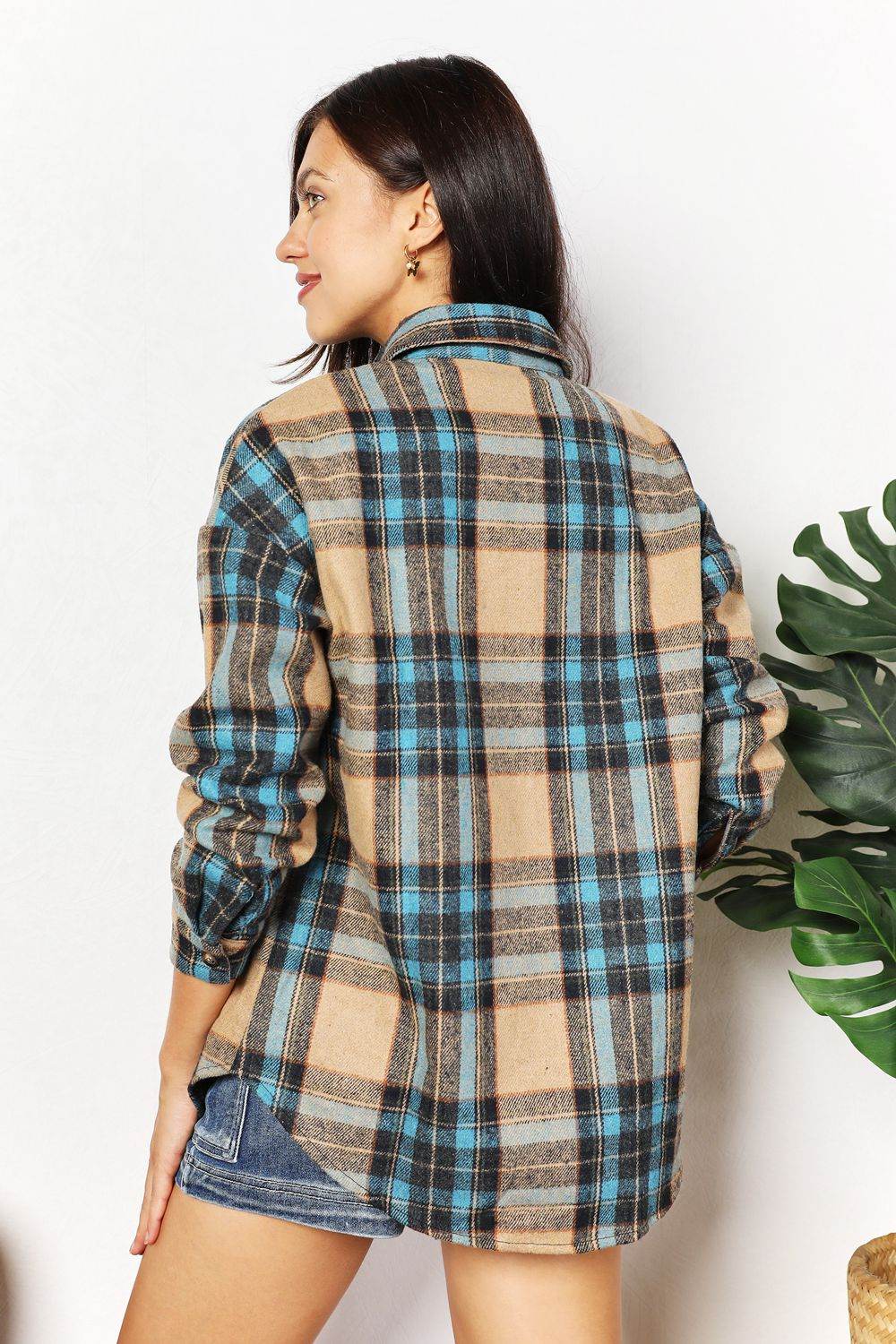 Double Take Plaid Curved Hem Shirt Jacket with Breast Pockets - IntuitiveEncBoutique