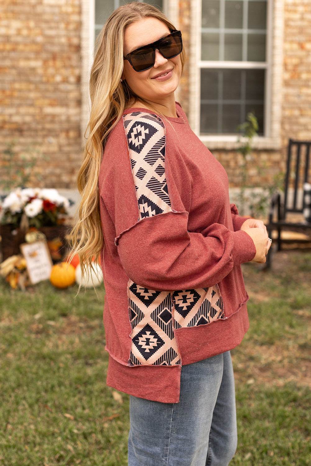 Redwood Burl Aztec Patchwork Drop Shoulder Plus Size High Low Sweatshirt - IntuitiveEncBoutique