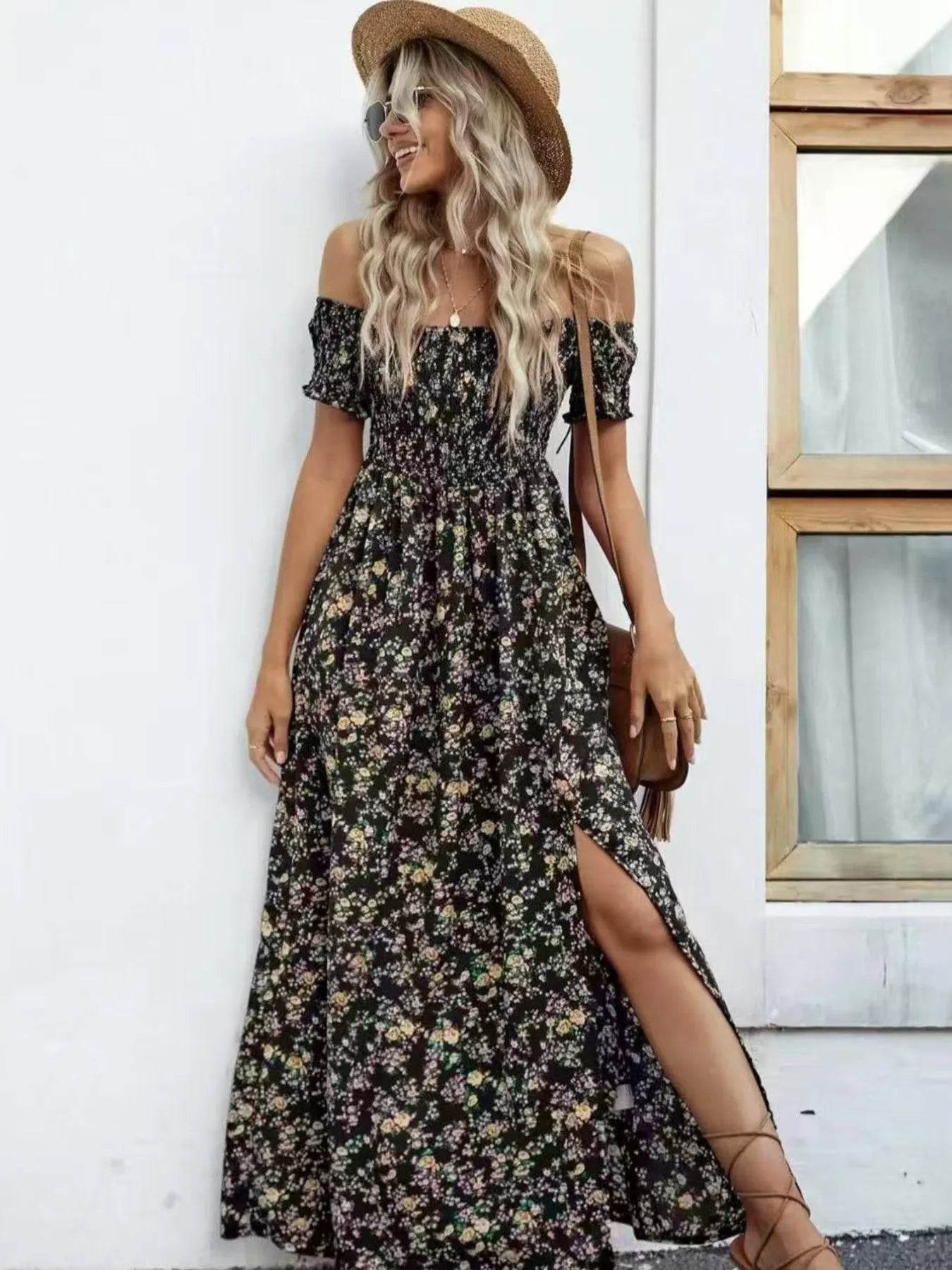 Full Size Slit Off-Shoulder Floral Midi Dress Plus Size - IntuitiveEncBoutique