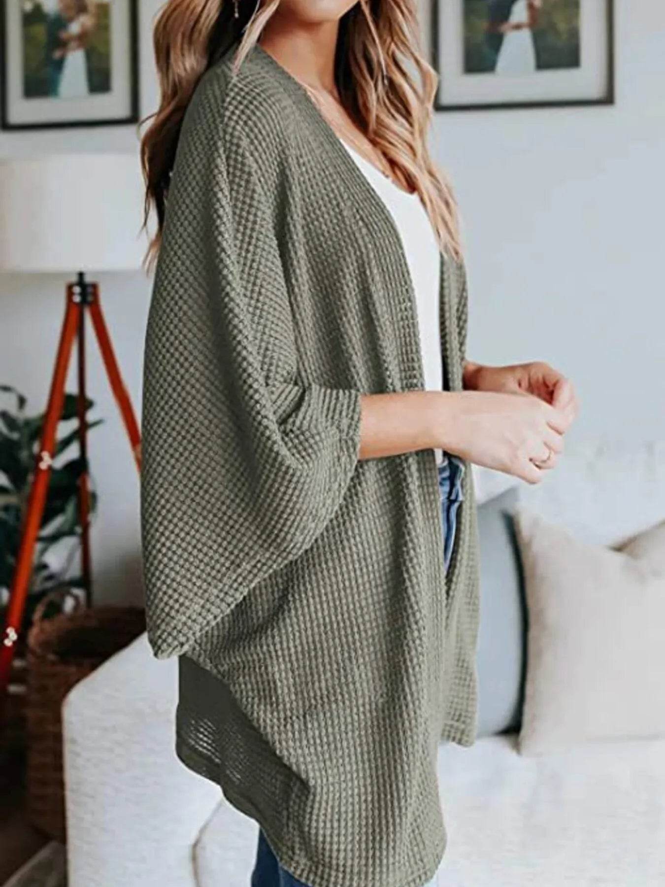 Full Size Open Front Waffle Knit Cardigan Plus Size - IntuitiveEncBoutique
