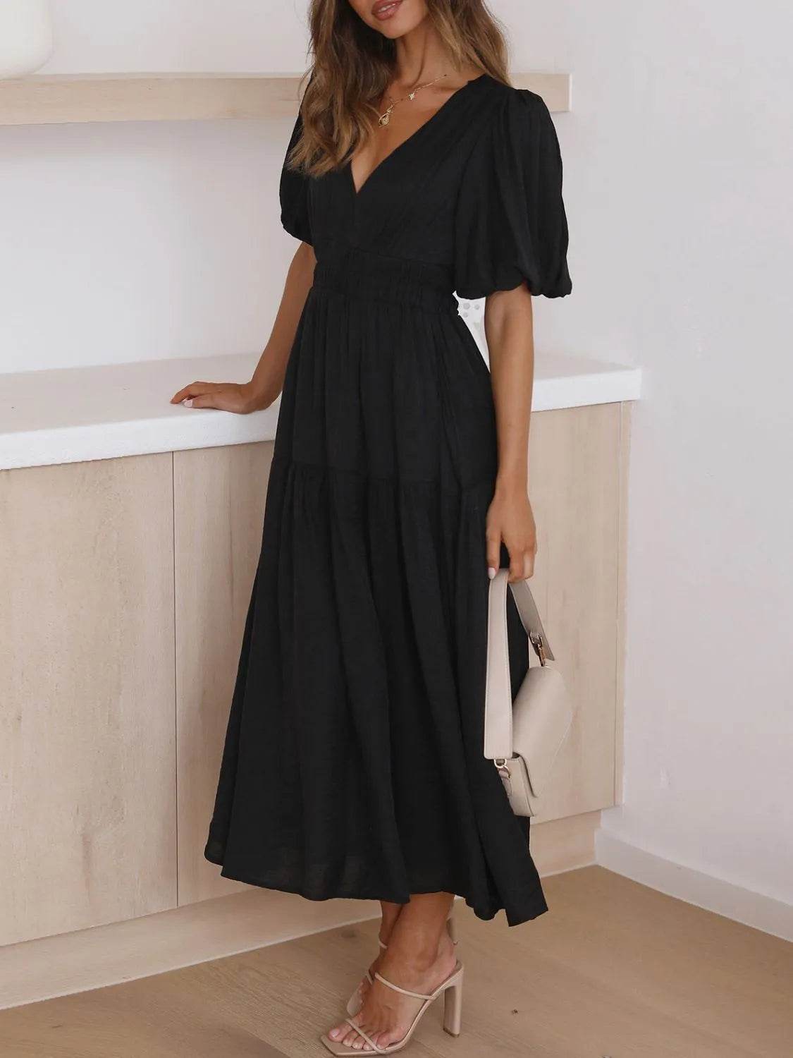 V-Neck Puff Sleeve Midi Dress - IntuitiveEncBoutique
