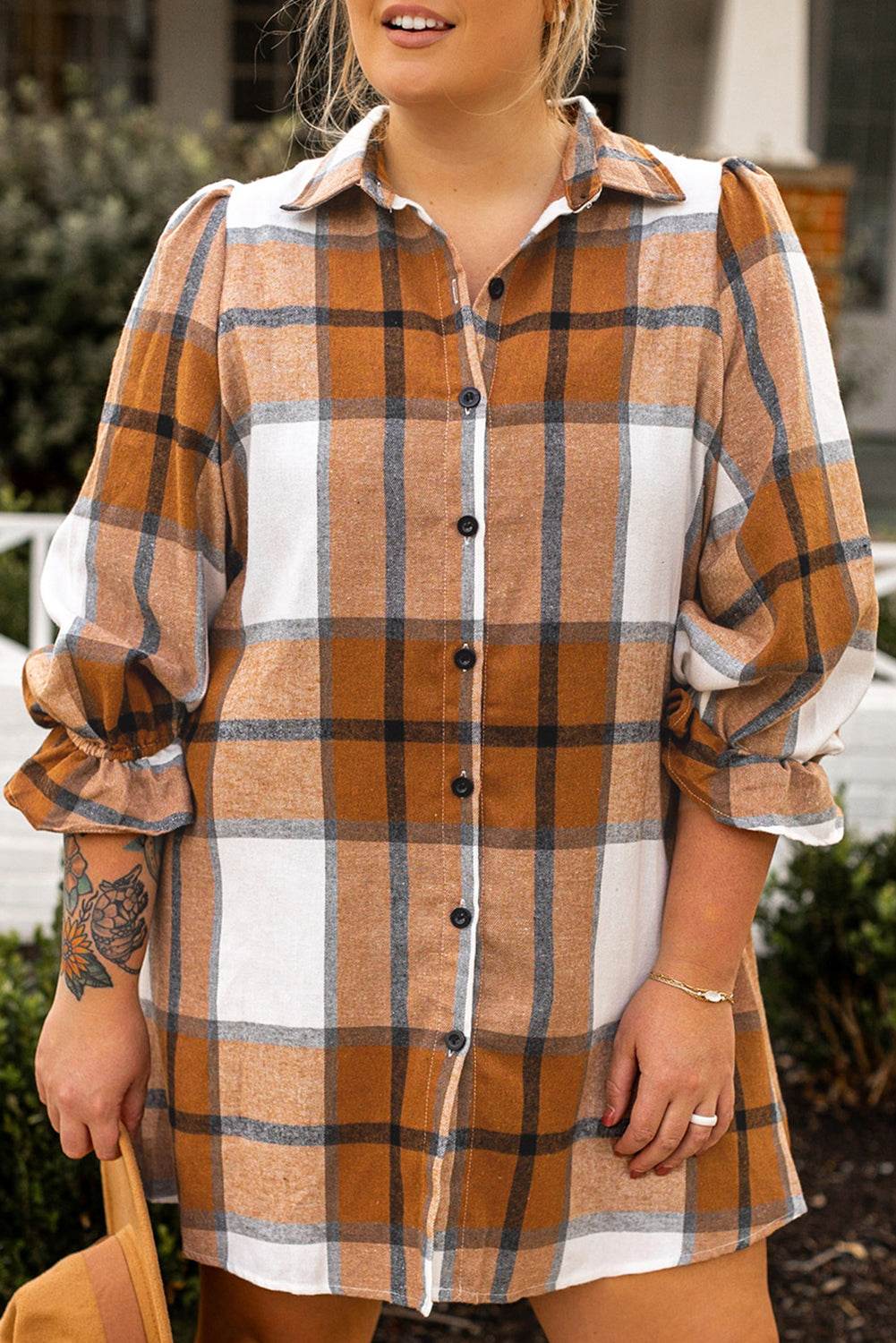 Khaki Plus Size Plaid Flounce Sleeve Button up Shirt Dress - IntuitiveEncBoutique