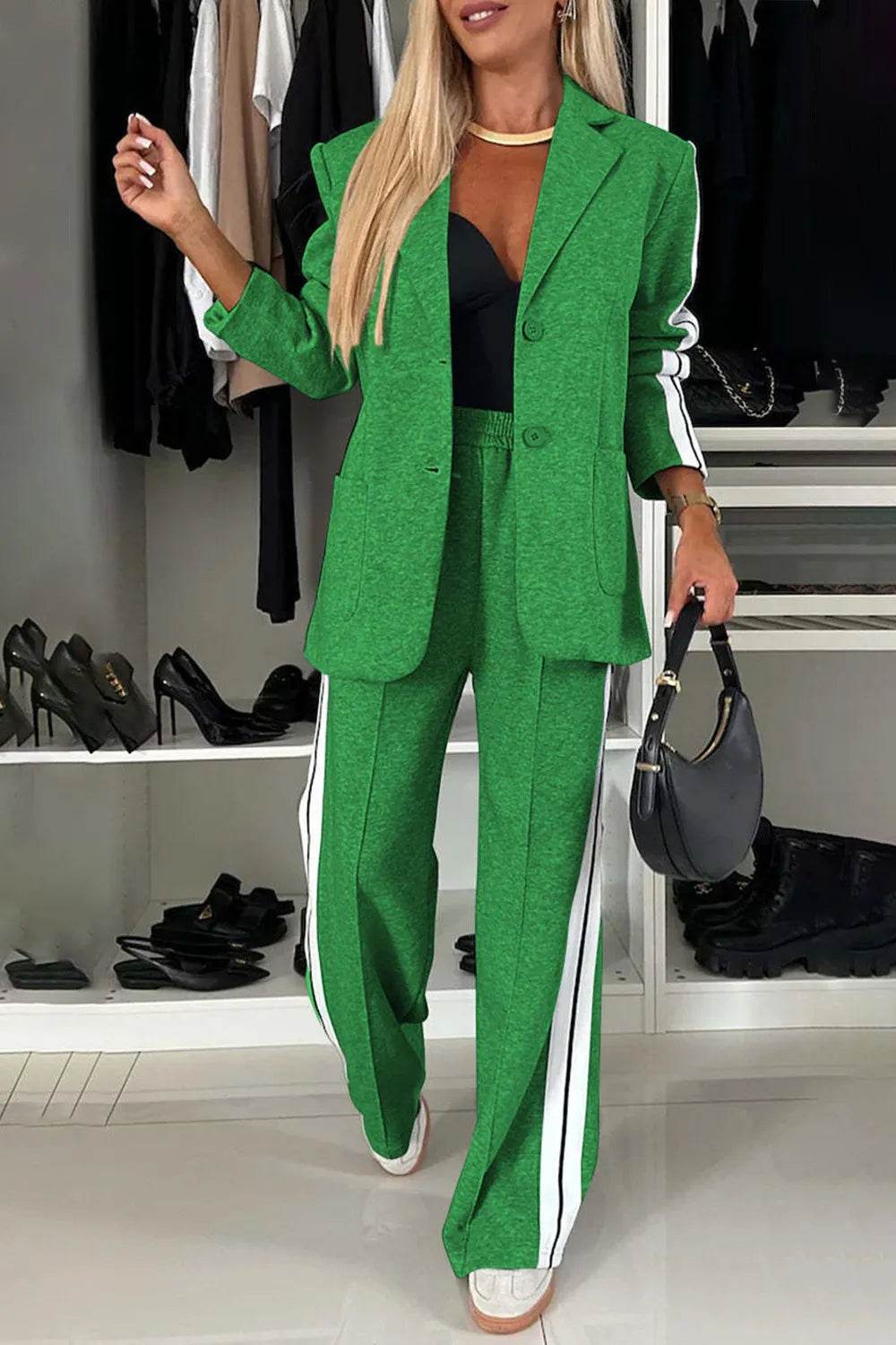 Full Size Contrast Lapel Collar Top and Pants Set - IntuitiveEncBoutique