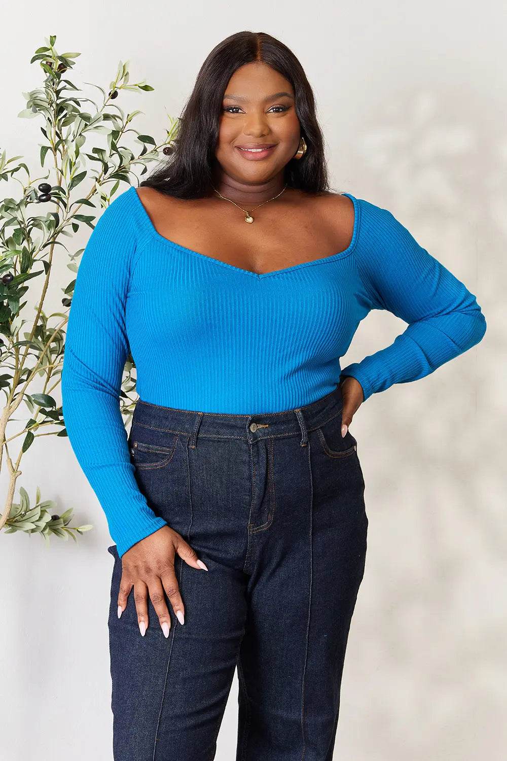 Culture Code Full Size Ribbed Sweetheart Neck Knit Top - IntuitiveEncBoutique