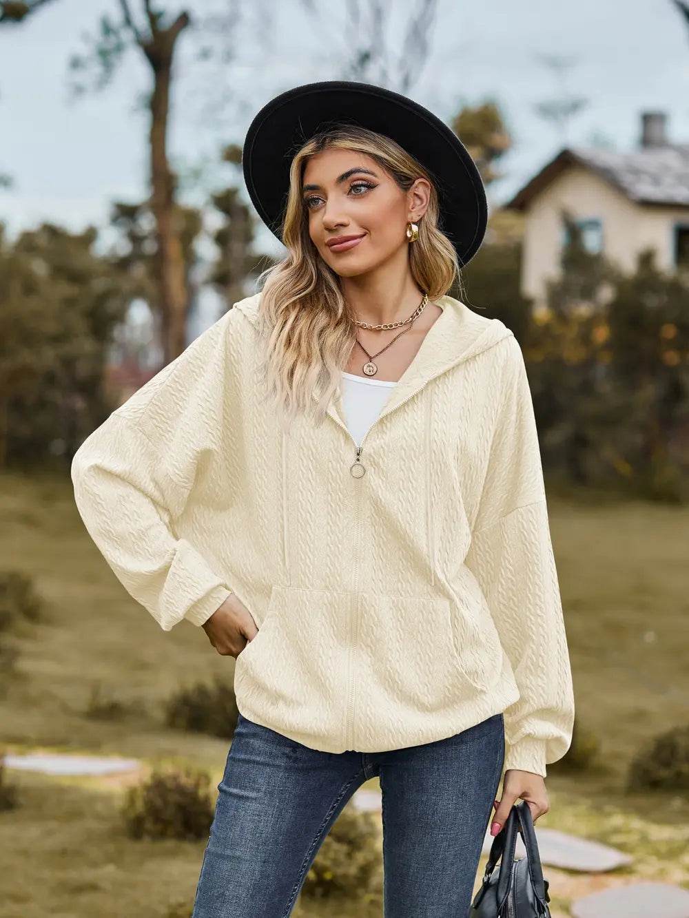 Zip Up Drawstring Long Sleeve Hooded Jacket - IntuitiveEncBoutique