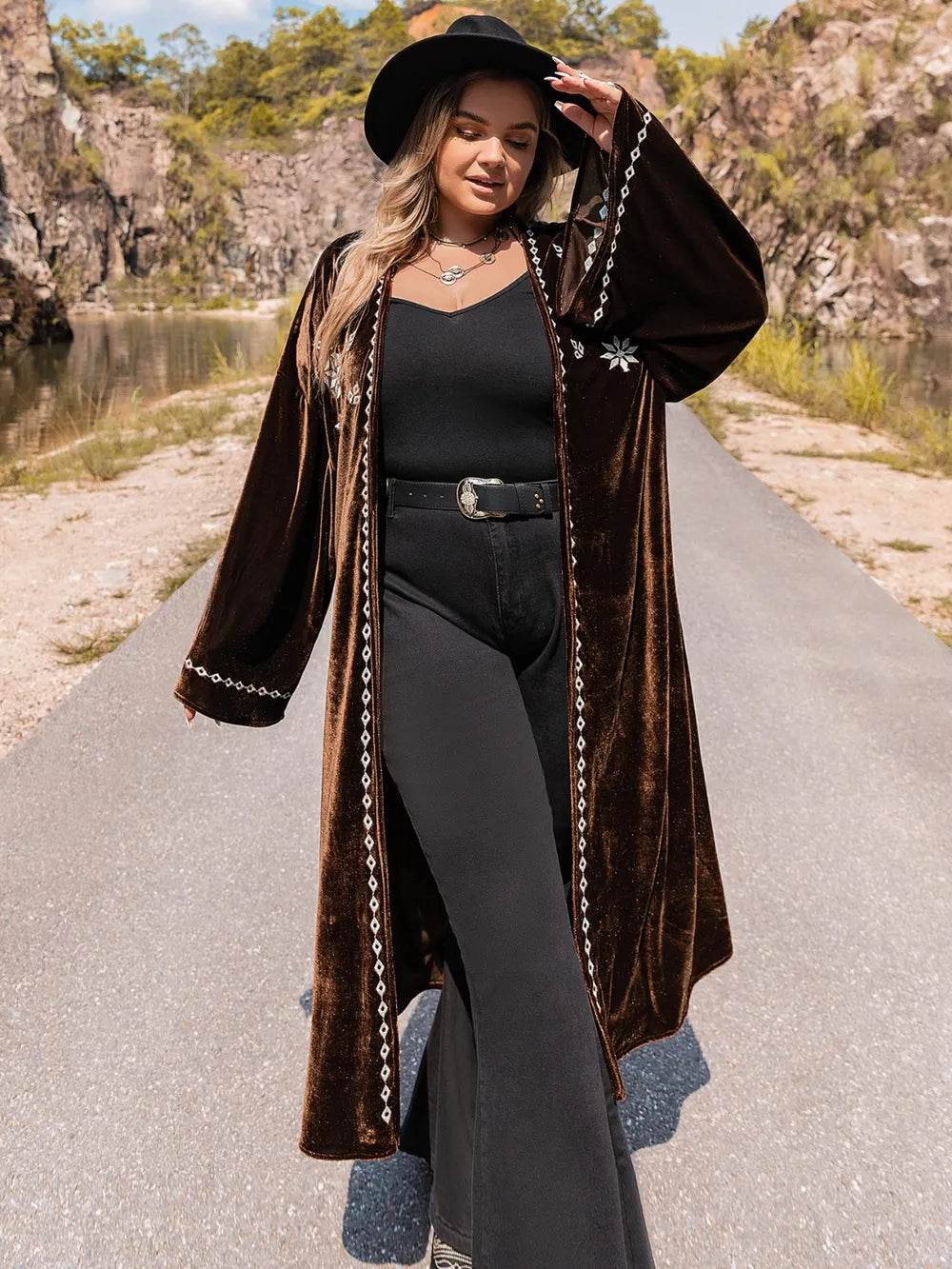 Plus Size Embroidery Open Front Long Sleeve Cardigan - IntuitiveEncBoutique