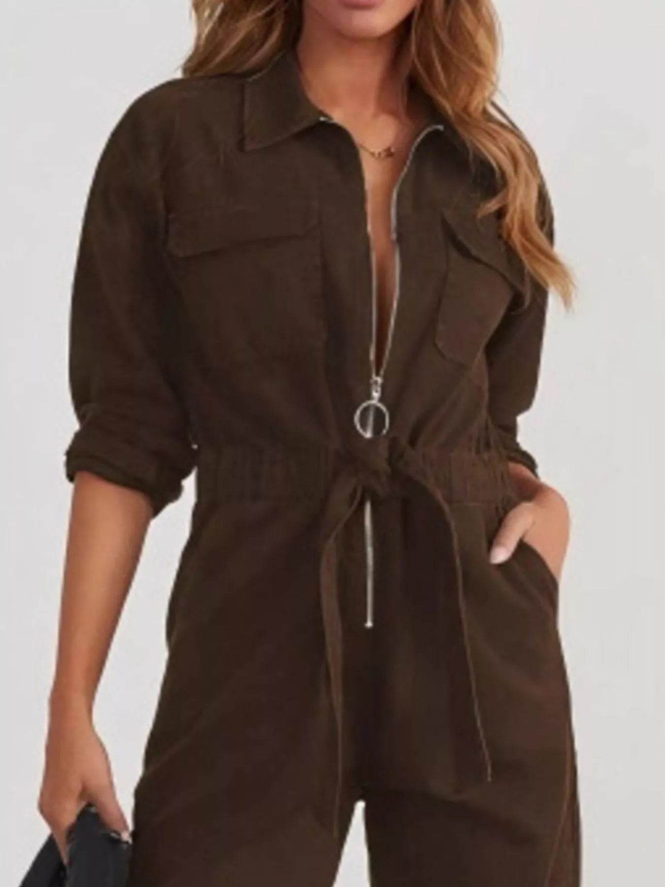Zip Front Long Sleeve Jumpsuit - IntuitiveEncBoutique