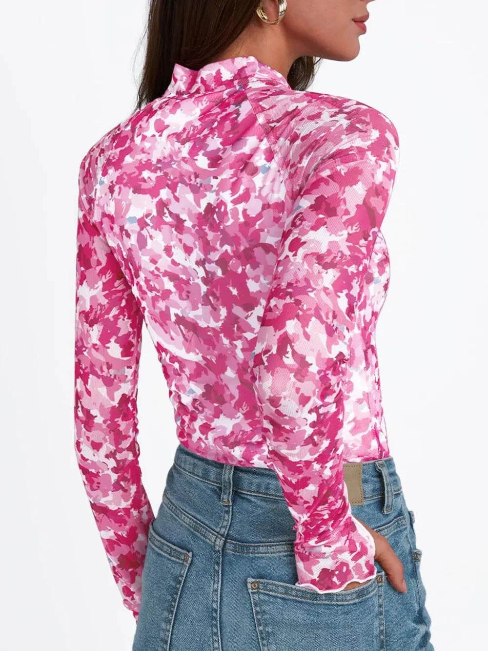Floral Mock Neck Long Sleeve T-Shirt - IntuitiveEncBoutique