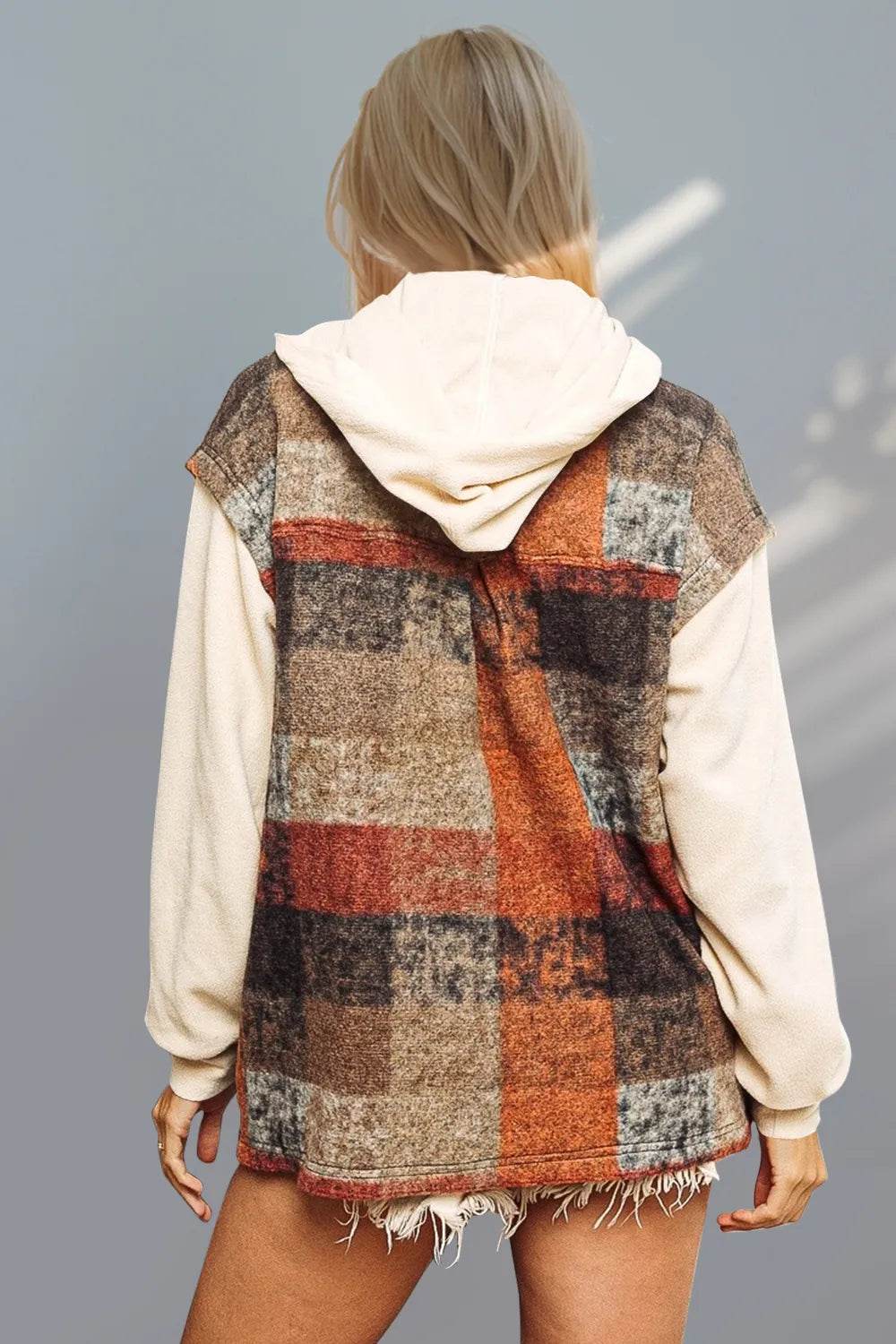 Double Take Contrast Long Sleeve Hooded Plaid Jacket - IntuitiveEncBoutique