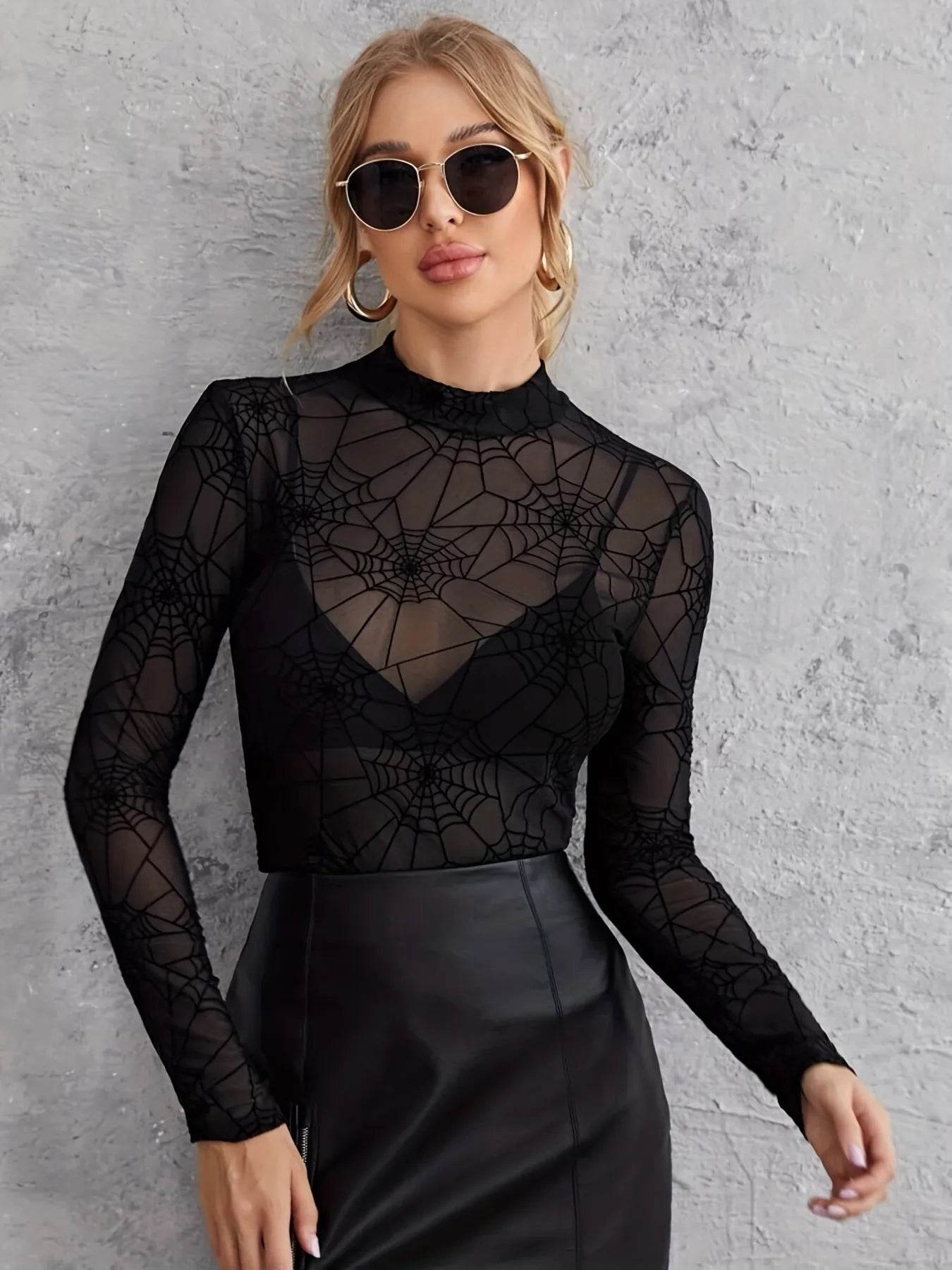 Spider Web Print Long Sleeve Blouse - IntuitiveEncBoutique