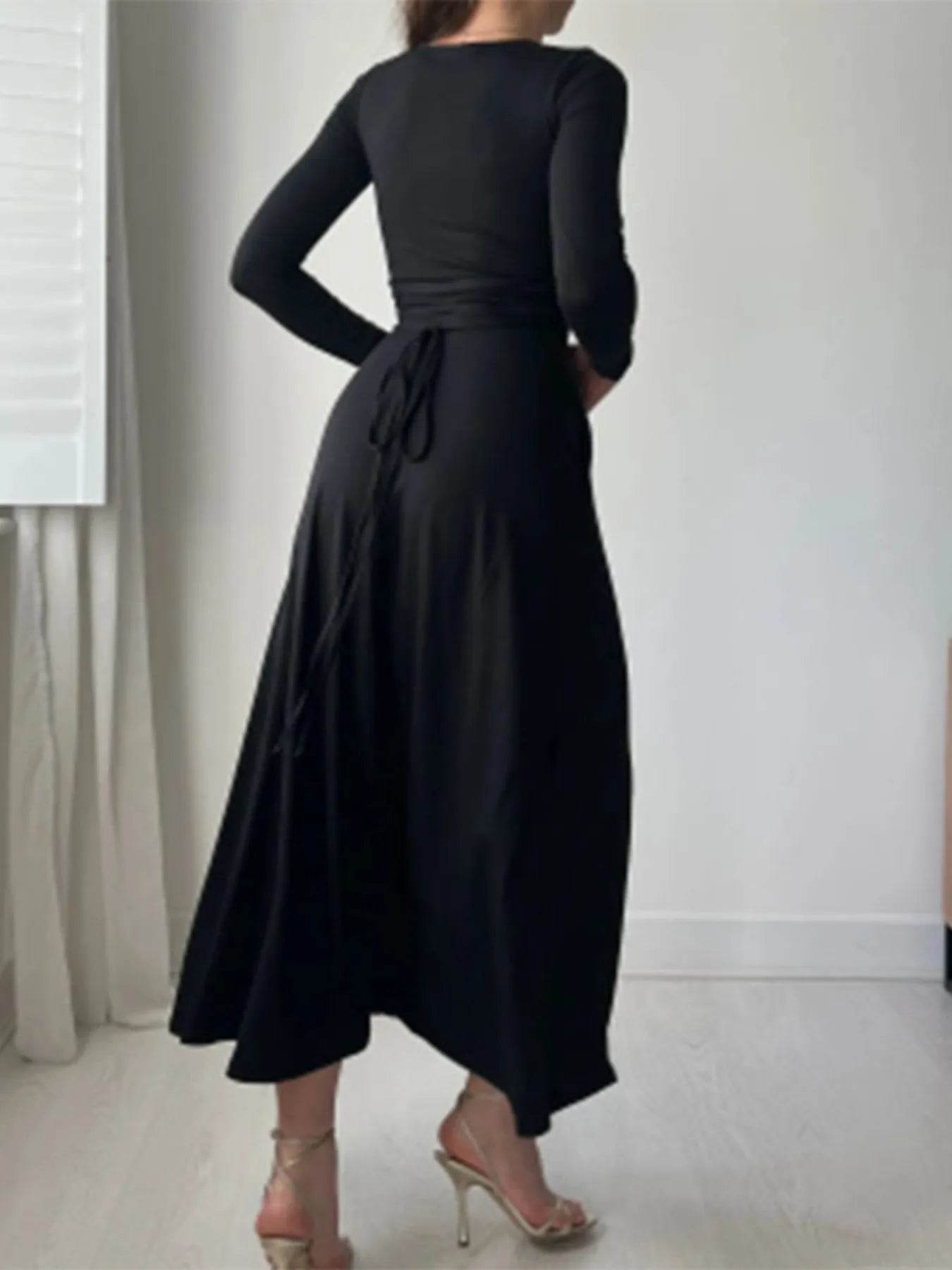 Full Size Tied Long Sleeve Bodycon Midi Dress Plus Size - IntuitiveEncBoutique