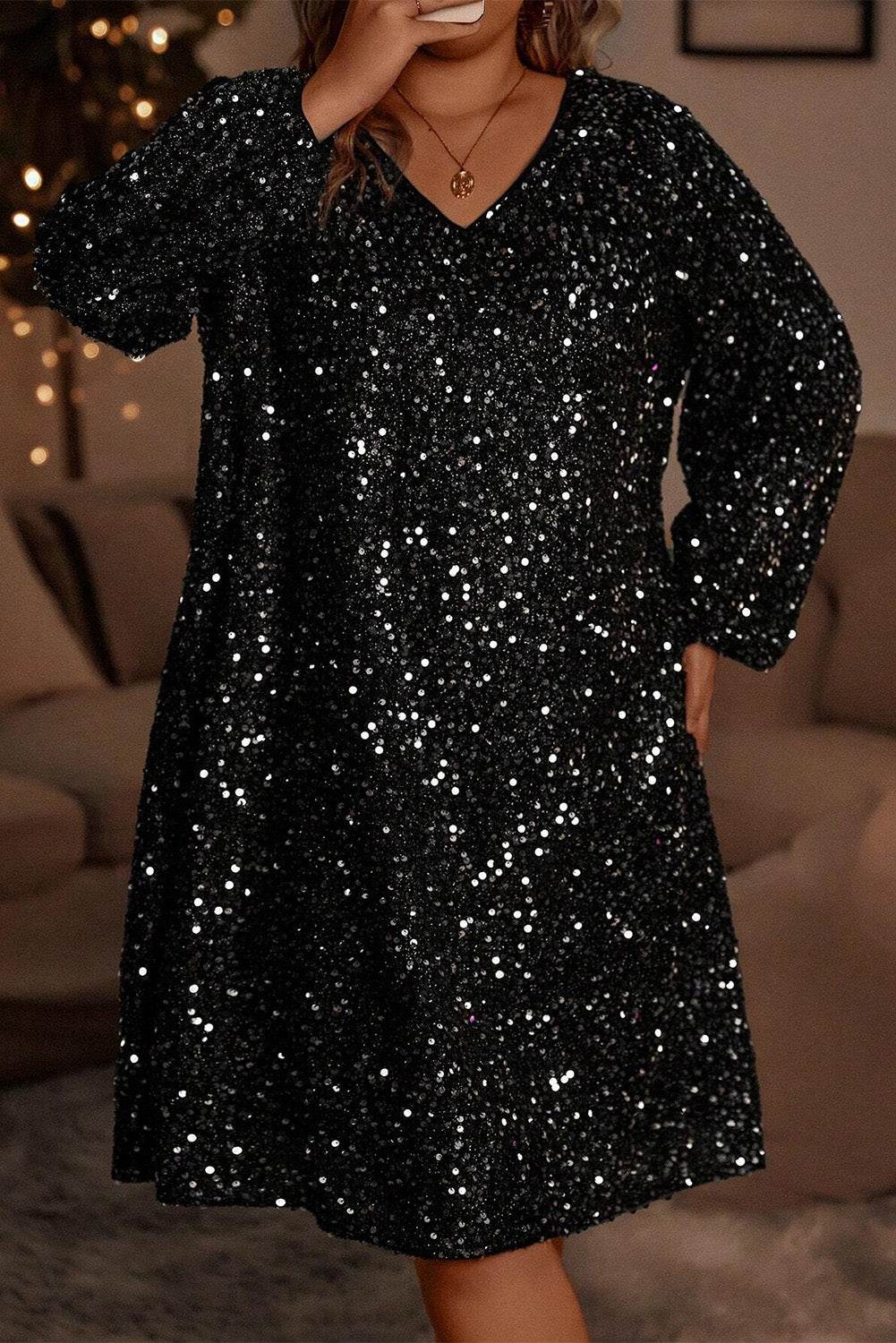 Color black Plus Size Bubble Sleeve V Neck Sequin Dress - IntuitiveEncBoutique