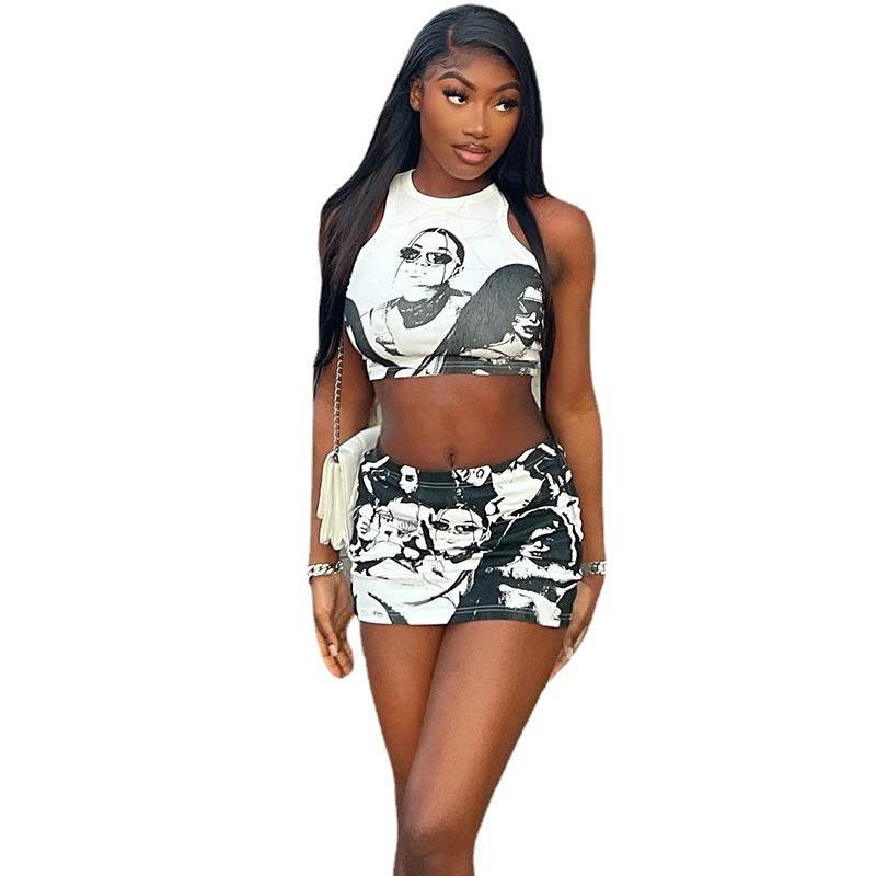 Round Neck Cartoon Print Sleeveless Short Top and Skirt Set for Women - IntuitiveEncBoutique