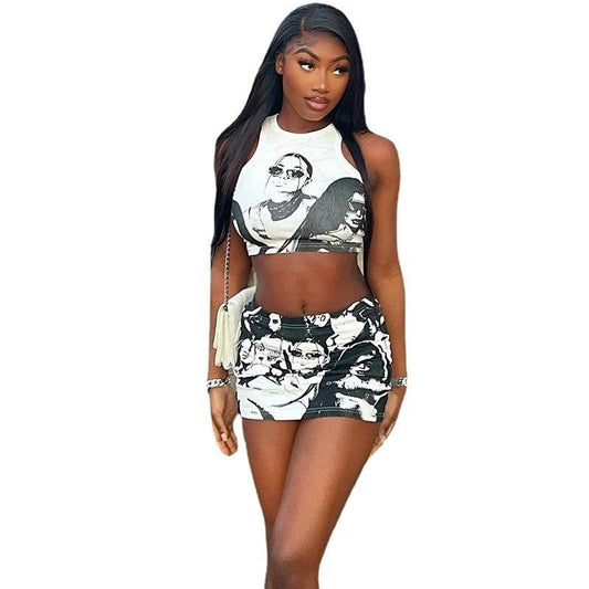Round Neck Cartoon Print Sleeveless Short Top and Skirt Set for Women - IntuitiveEncBoutique