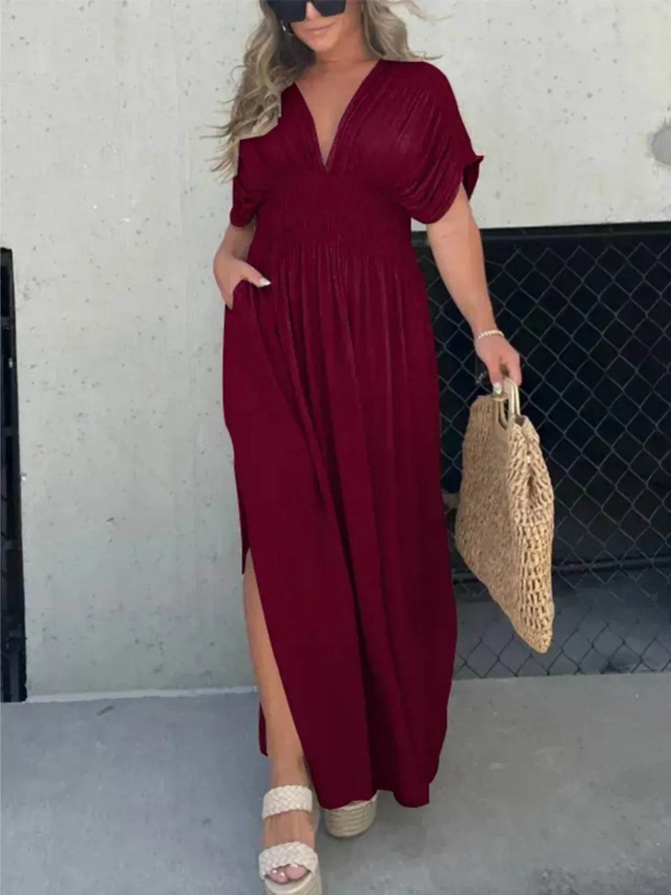 Full Size Deep V-Neck Maxi Dress with Side Slit Plus Size - IntuitiveEncBoutique
