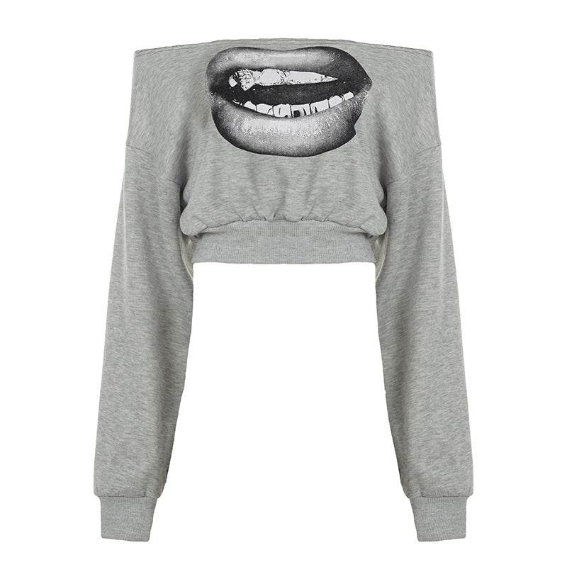 Trendy Spicy Girl One-Shoulder Sweatshirt Big Mouth Print Personality Casual Style Waist-Cinching Belly-Baring Short Long Sleeve Women's Top - IntuitiveEncBoutique