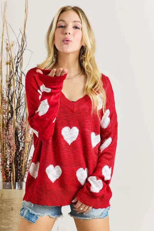 ADORA Full Size Heart V-Neck Knit Top Plus Size - IntuitiveEncBoutique