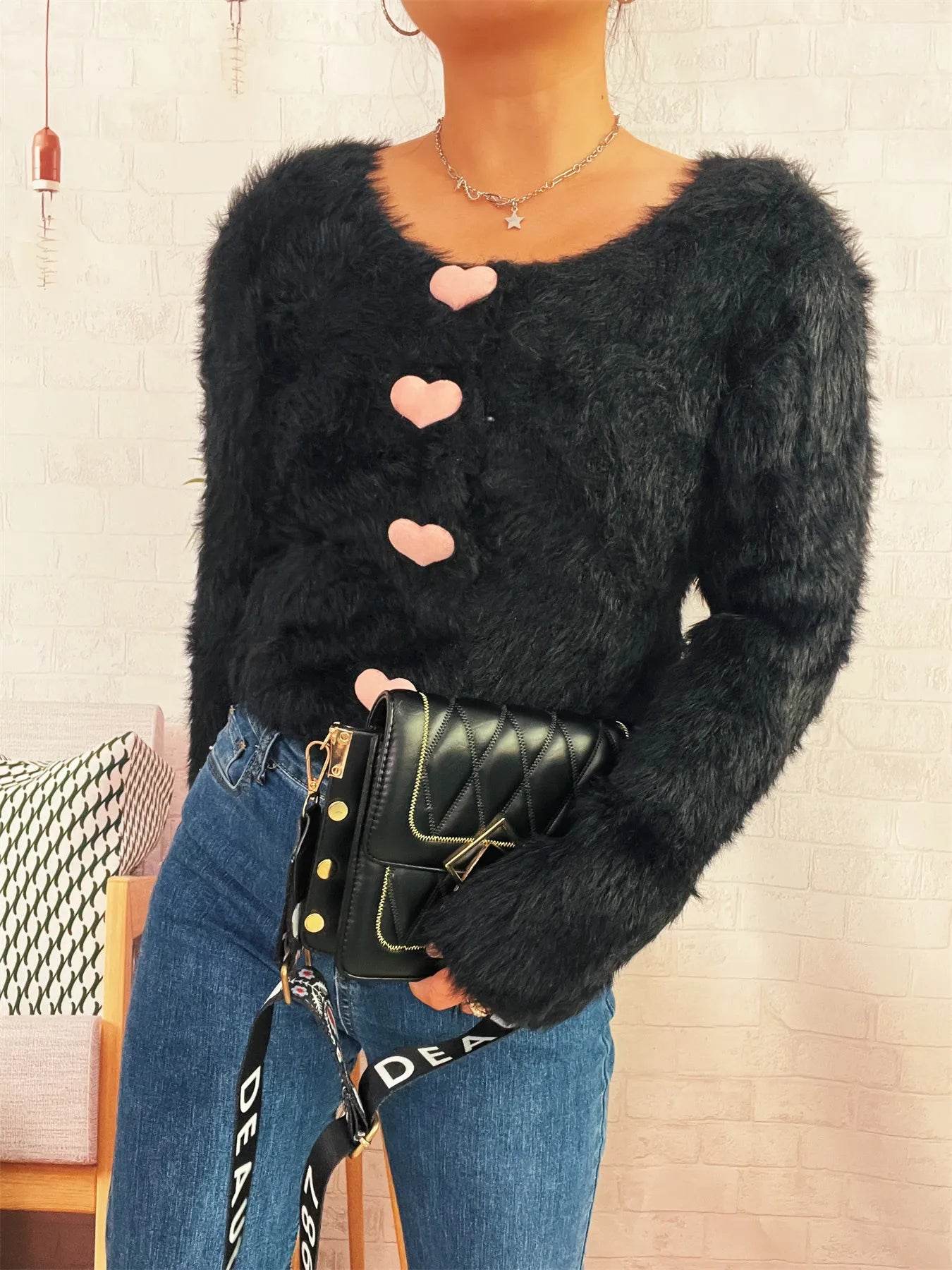 Fuzzy Heart Shape Button-Up Cardigan - IntuitiveEncBoutique