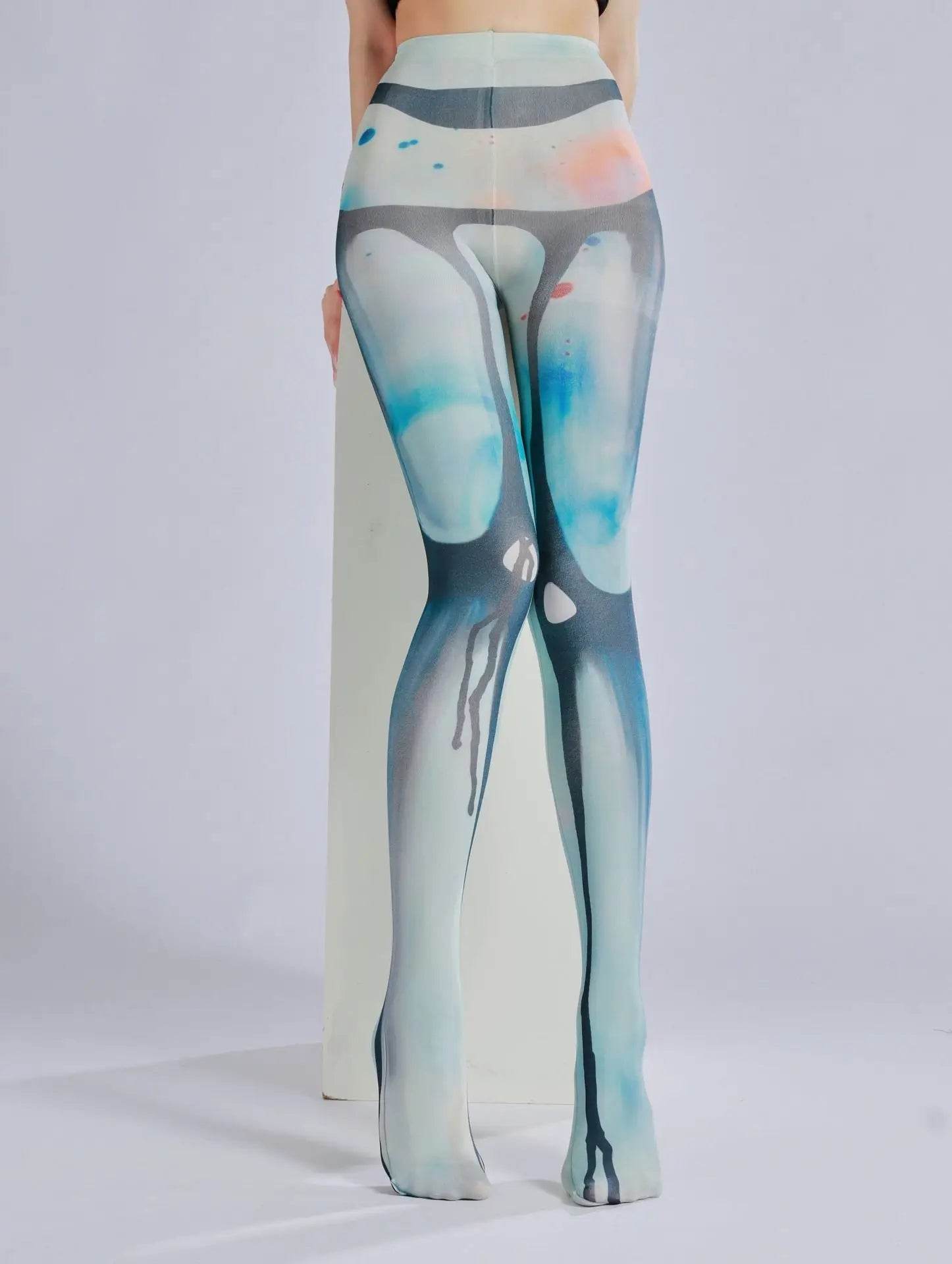 Dark patterned printed pantyhose with ink flow and personalized bottom socks - IntuitiveEncBoutique