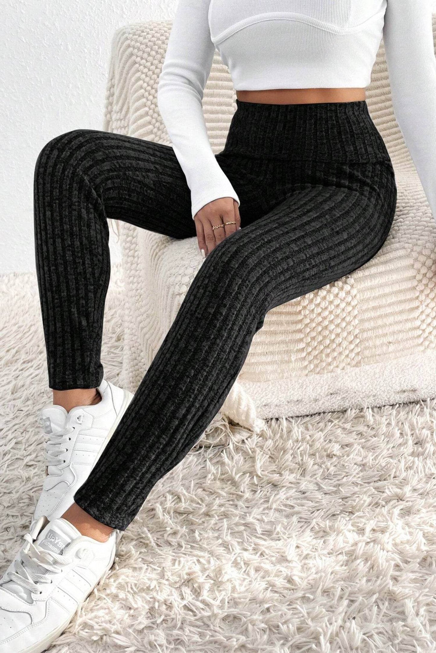 Dark Grey Wide Waistband Ribbed Textured Knit Leggings - IntuitiveEncBoutique