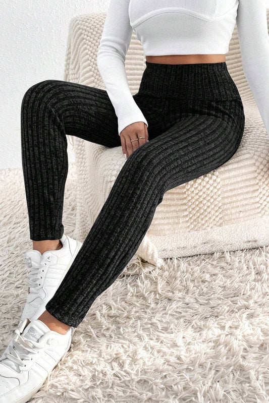 Dark Grey Wide Waistband Ribbed Textured Knit Leggings - IntuitiveEncBoutique