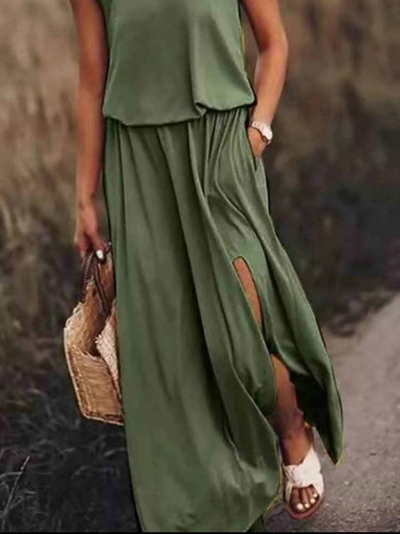 Full Size Round Neck Sleeveless Slit Maxi Dress Plus Size - IntuitiveEncBoutique