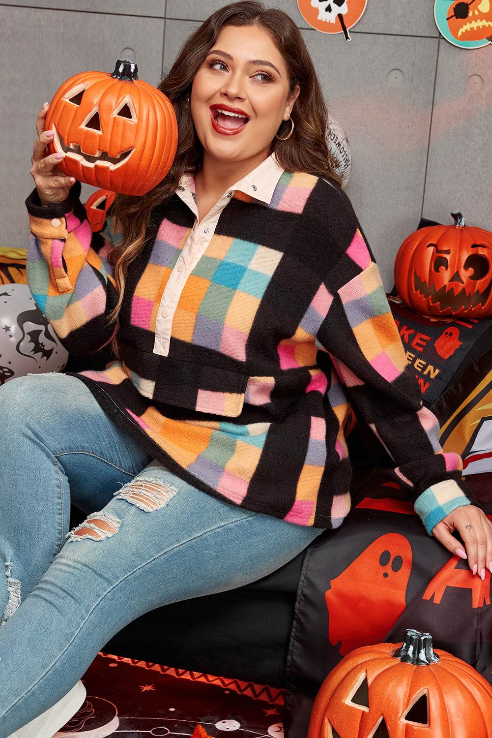 Black Plus Size Checkered Print Sherpa Henley Sweatshirt - IntuitiveEncBoutique