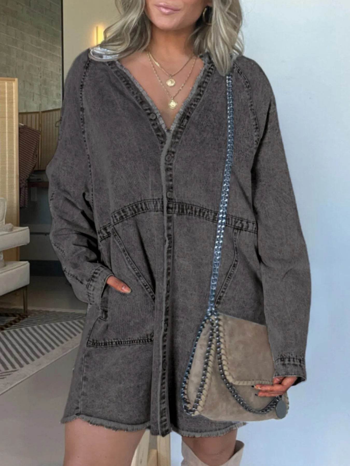 Full Size Button-Front Long Sleeve Denim Shirt Dress Plus Size - IntuitiveEncBoutique