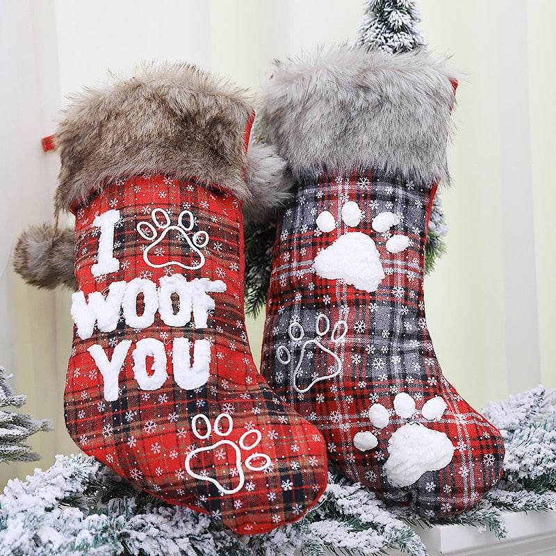 Christmas Stocking Christmas Decorations Fur Collar with Ball Plaid Printing Letter Dog Paw Seeds Pendant New Year - IntuitiveEncBoutique
