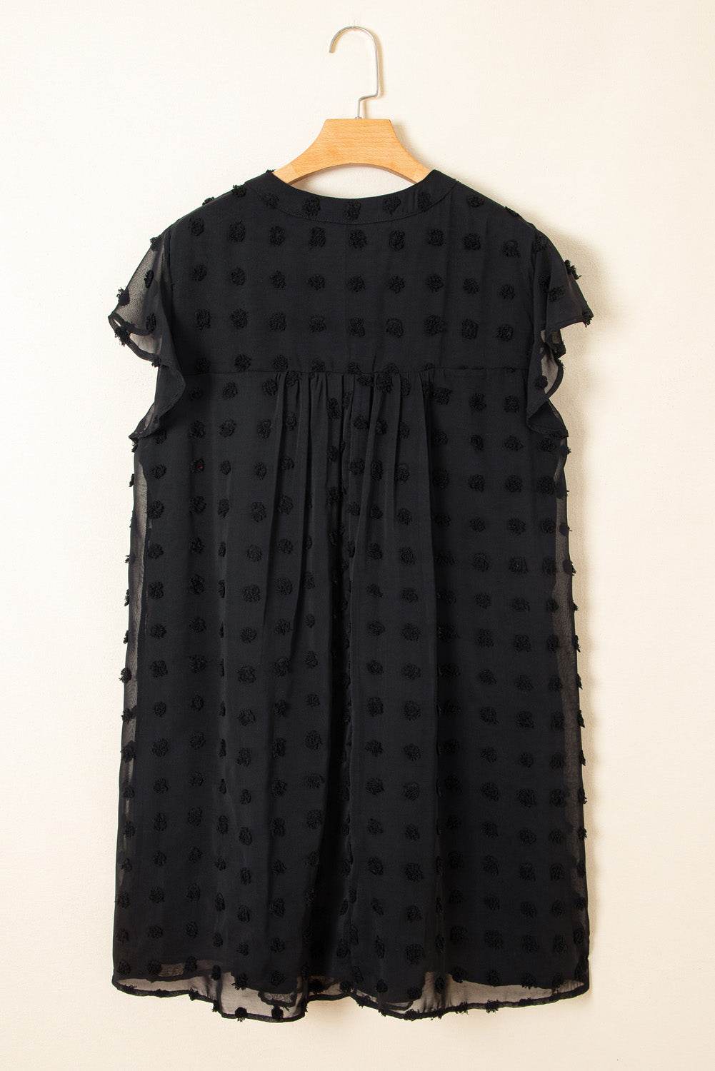 Black Dotty Textured Notched Neck Plus Ruffled Dress - IntuitiveEncBoutique