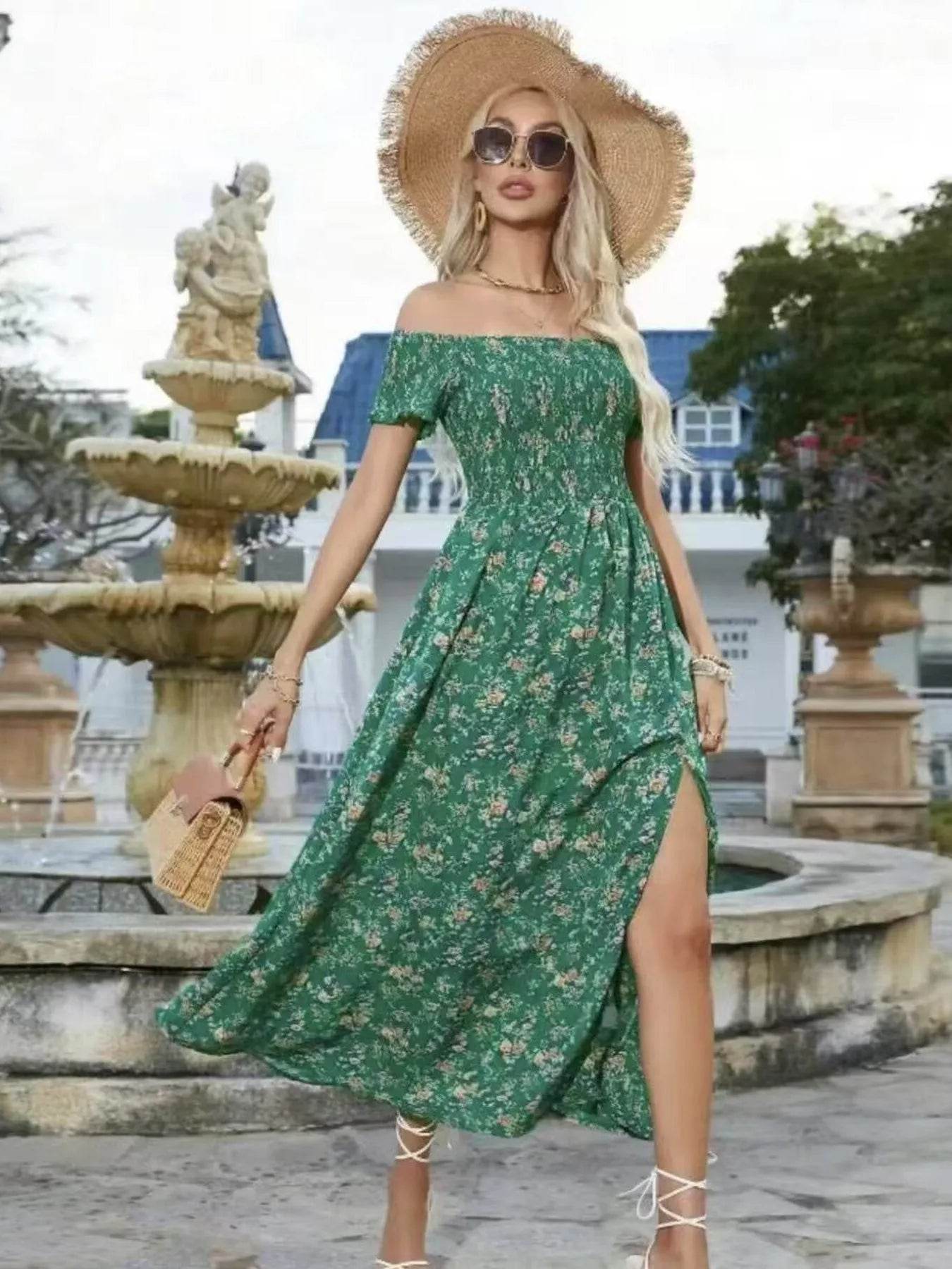 Full Size Slit Off-Shoulder Floral Midi Dress Plus Size - IntuitiveEncBoutique