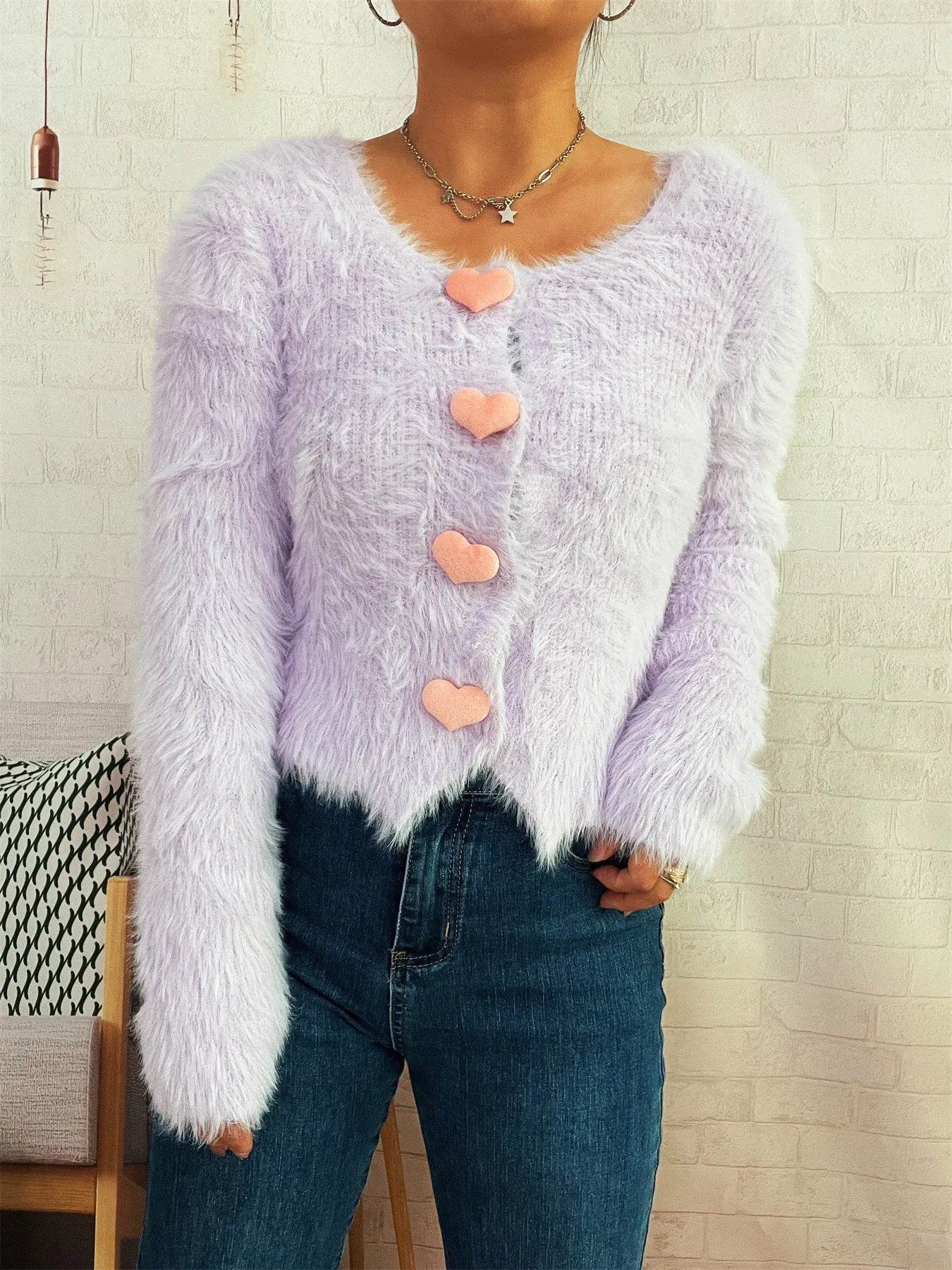 Fuzzy Heart Shape Button-Up Cardigan - IntuitiveEncBoutique