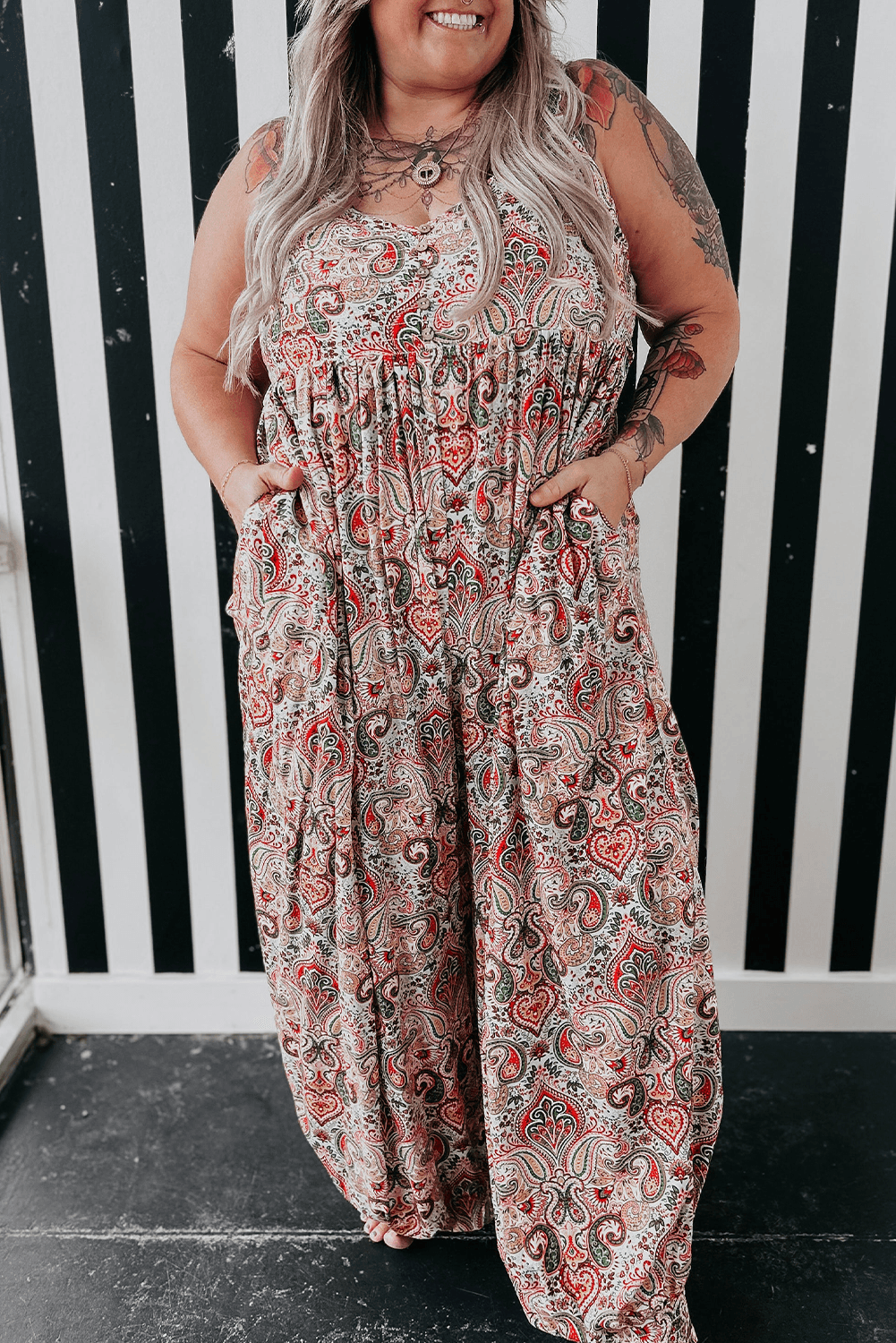 Multicolor Plus Size Paisley Print Sleeveless V Neck Jogger Jumpsuit - IntuitiveEncBoutique