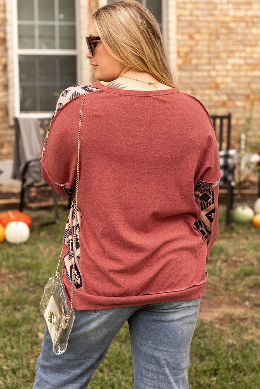 Redwood Burl Aztec Patchwork Drop Shoulder Plus Size High Low Sweatshirt - IntuitiveEncBoutique