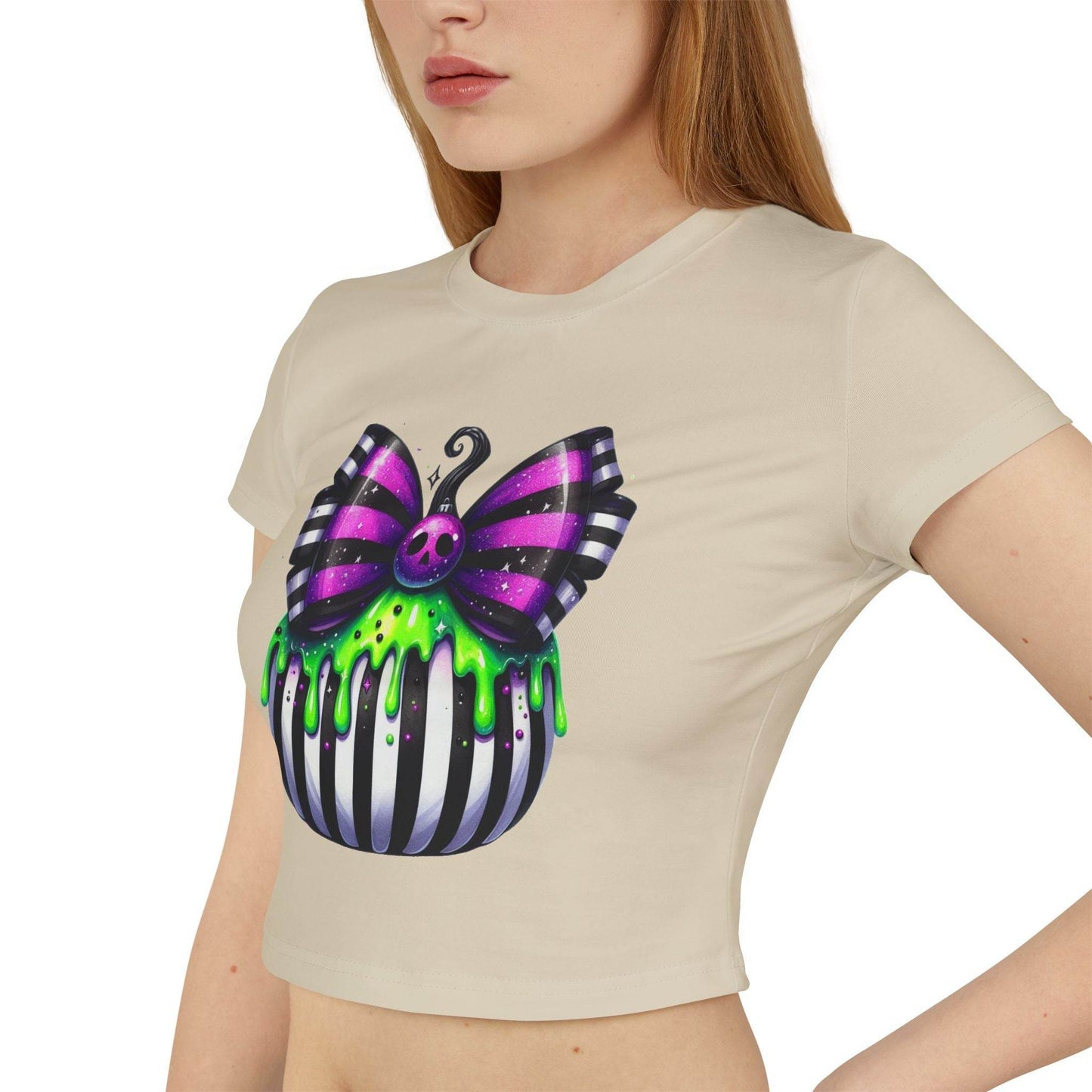 Cute Halloween Baby Tee with Spooky Bow Design | Women's Graphic T-Shirt, Party Shirt, Fall Fashion, Gift Idea, Casual Wear - IntuitiveEncBoutique