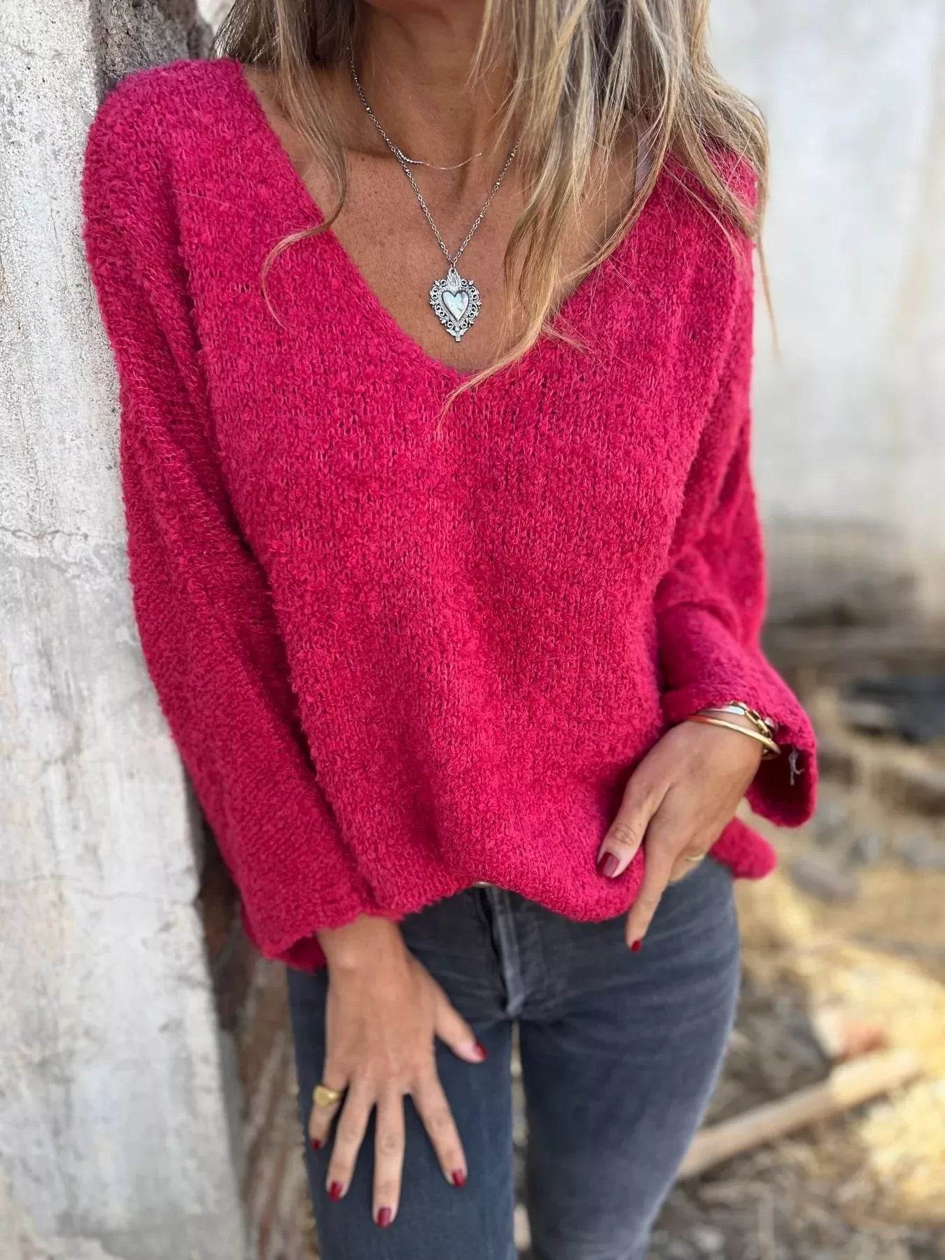 Full Size V-Neck Long Sleeve Sweater Plus Size - IntuitiveEncBoutique