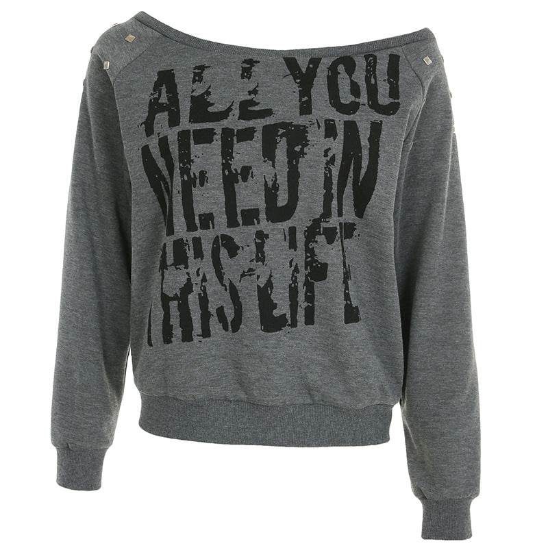 Punk Rivet Letter Print Oblique Collar Sweatshirt Spicy Girl Street Sexy Loose All-Match Off-Shoulder Long Sleeve - IntuitiveEncBoutique