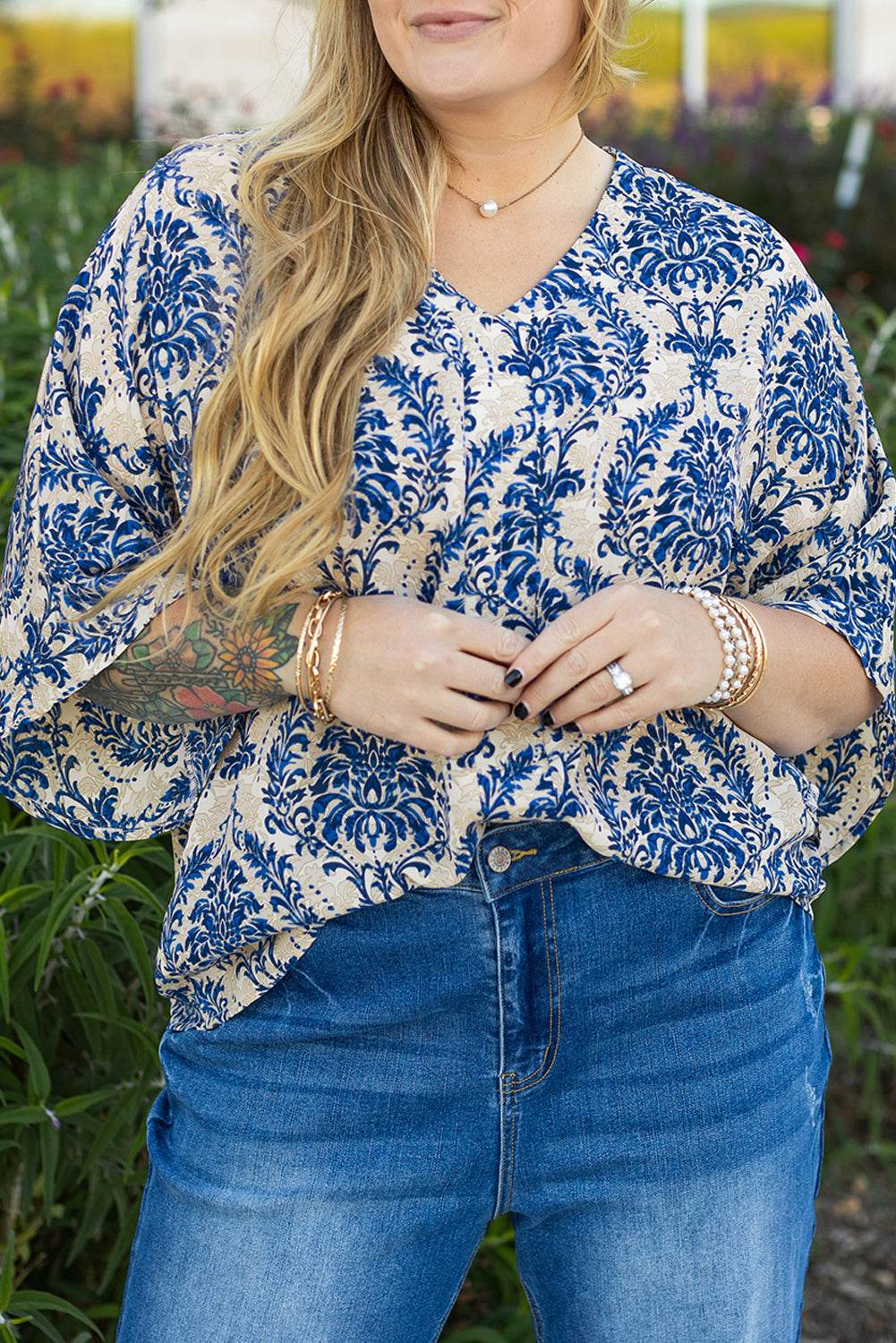 Blue Plus Size Ethnic Printed 3/4 Sleeve V Neck Loose Blouse - IntuitiveEncBoutique
