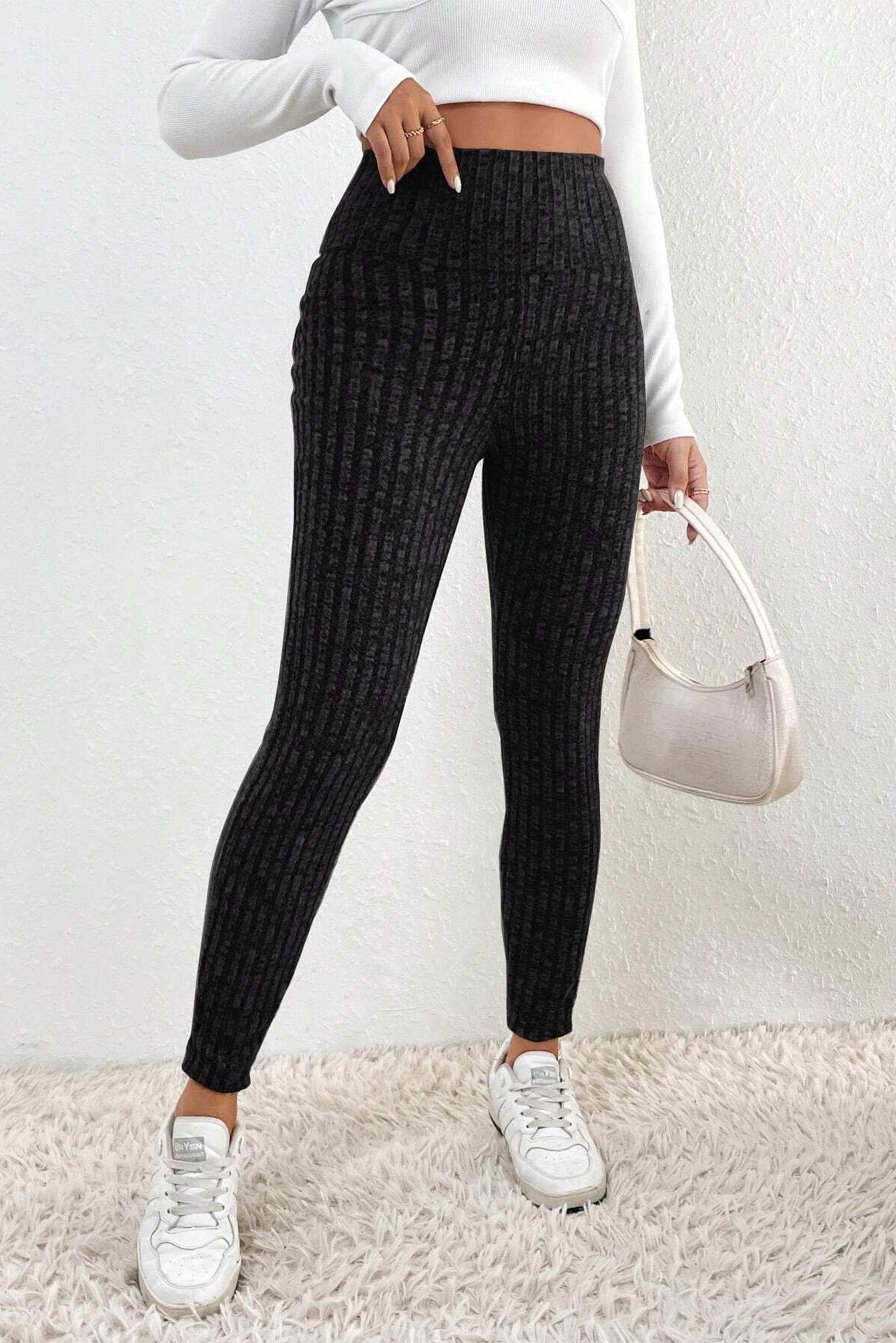 Dark Grey Wide Waistband Ribbed Textured Knit Leggings - IntuitiveEncBoutique
