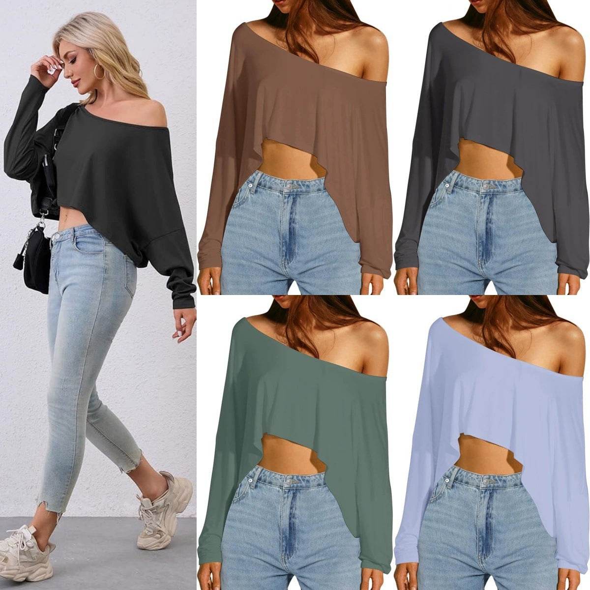 INS Street Style Lazy Off-Shoulder Loose Simple Casual Long Sleeve Sweatshirt Spicy Girl Crop Top Slimming Top - IntuitiveEncBoutique