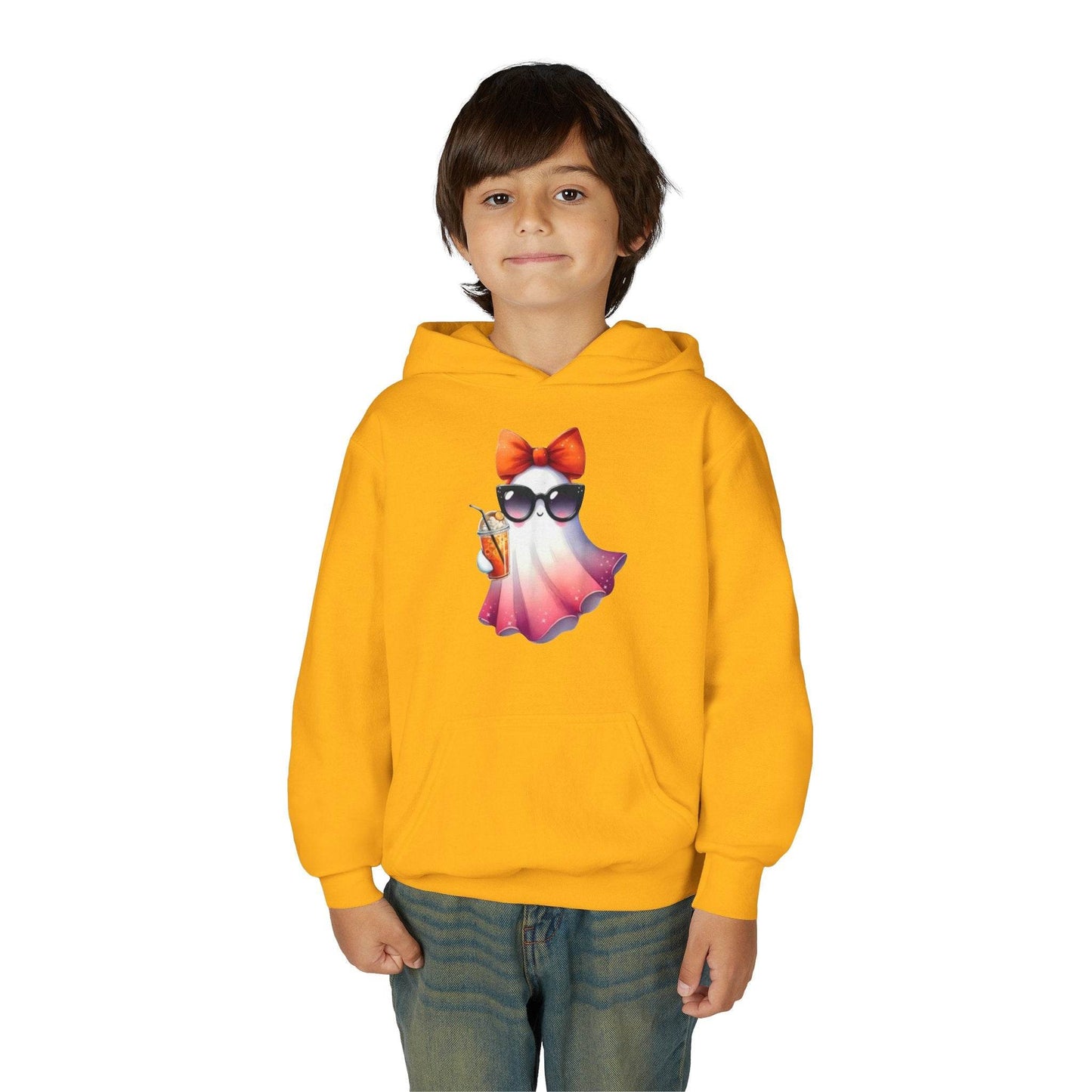 Youth Ghostly Glam Hoodie, Cute Ghost Design Sweatshirt, Halloween Apparel, Halloween Costume, Kids Hooded Sweatshirt - IntuitiveEncBoutique