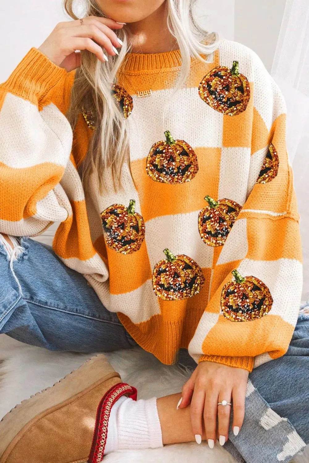 Pumpkin Checkered Round Neck Long Sleeve Sweater - IntuitiveEncBoutique