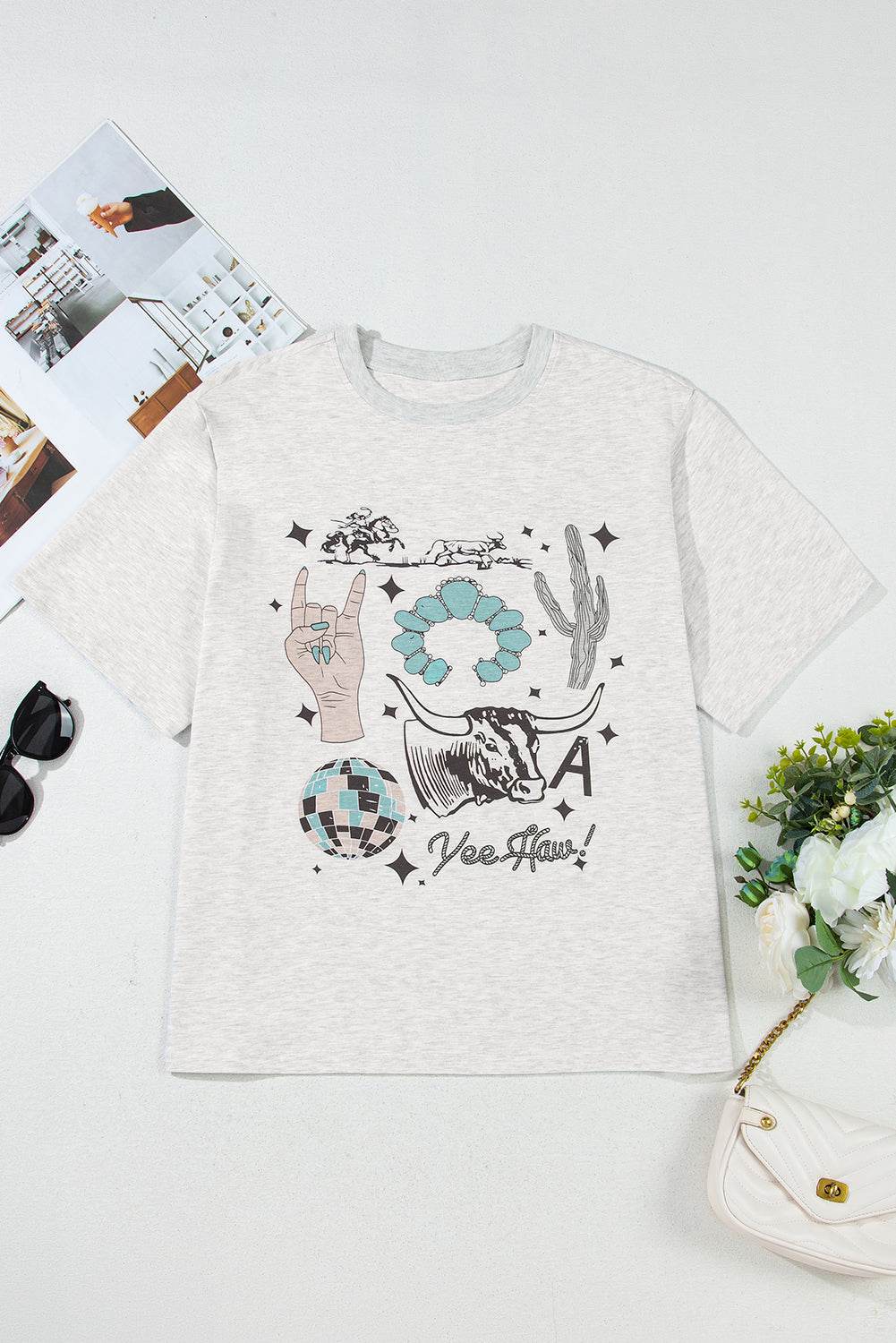 Light Grey Yee Haw Western Fashion Print Plus Size Tee - IntuitiveEncBoutique