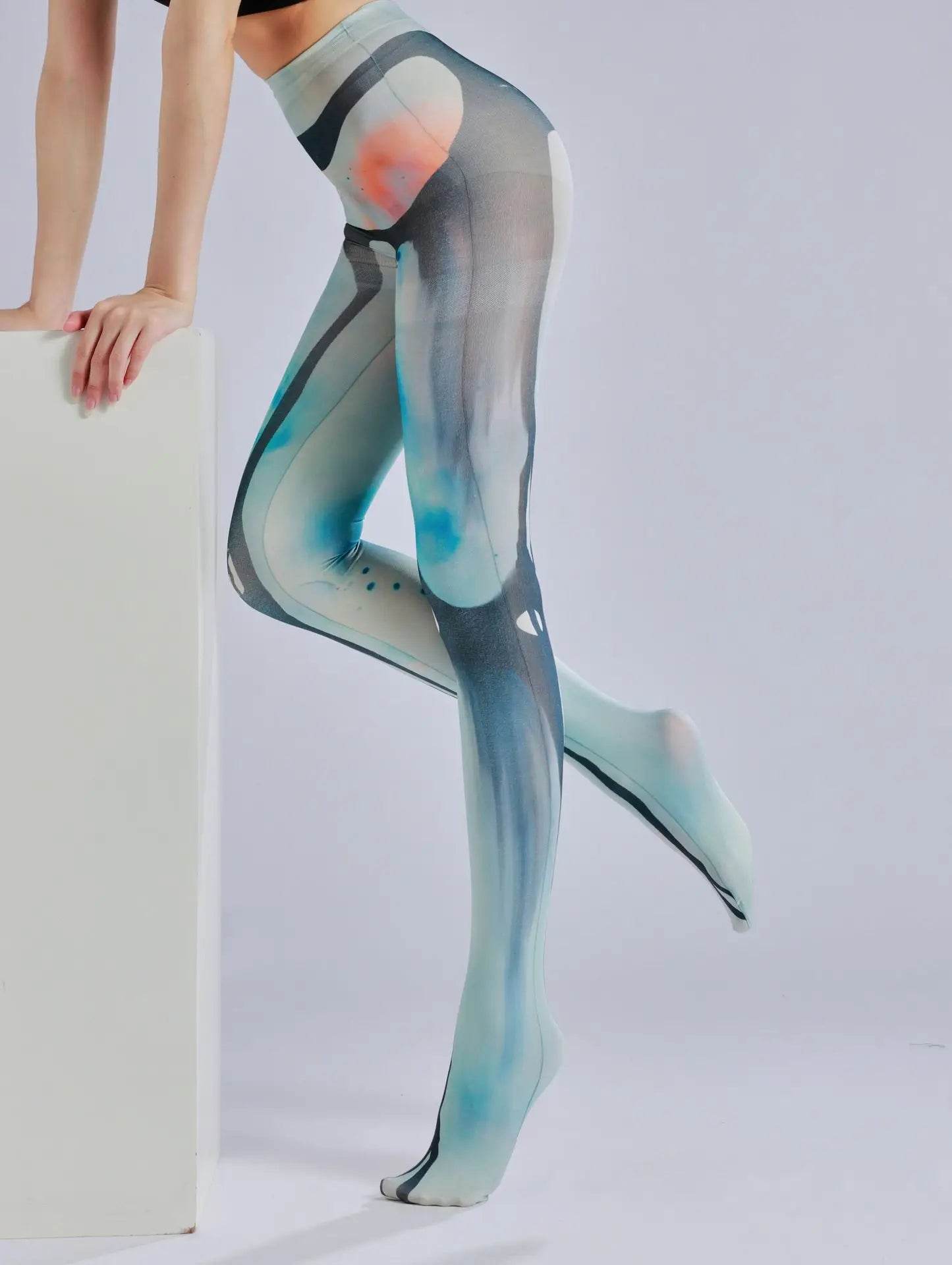 Dark patterned printed pantyhose with ink flow and personalized bottom socks - IntuitiveEncBoutique